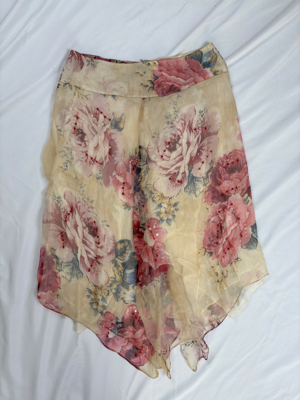 Sheer cream floral midi skirt embellished with sequins