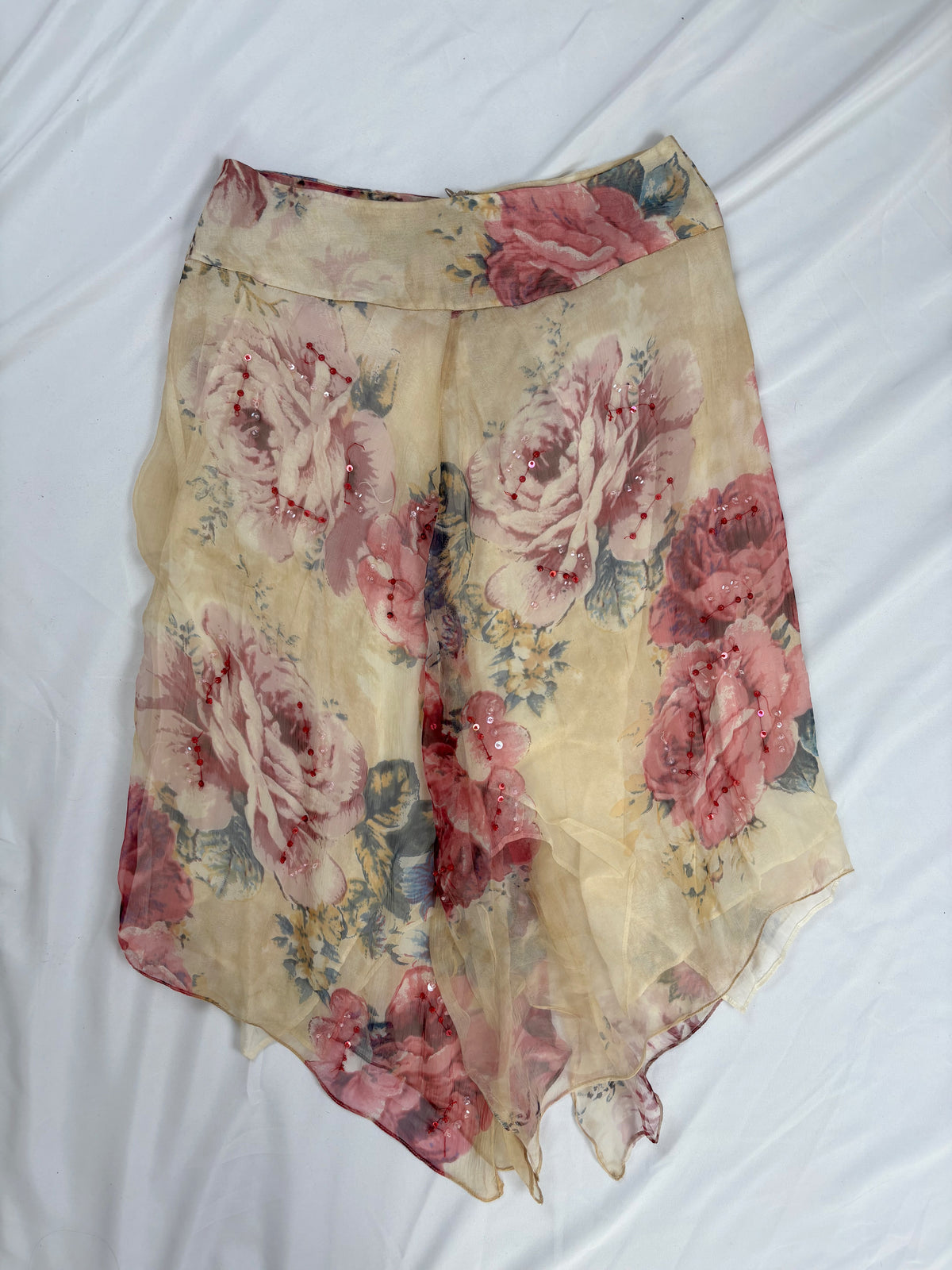 Sheer cream floral midi skirt embellished with sequins