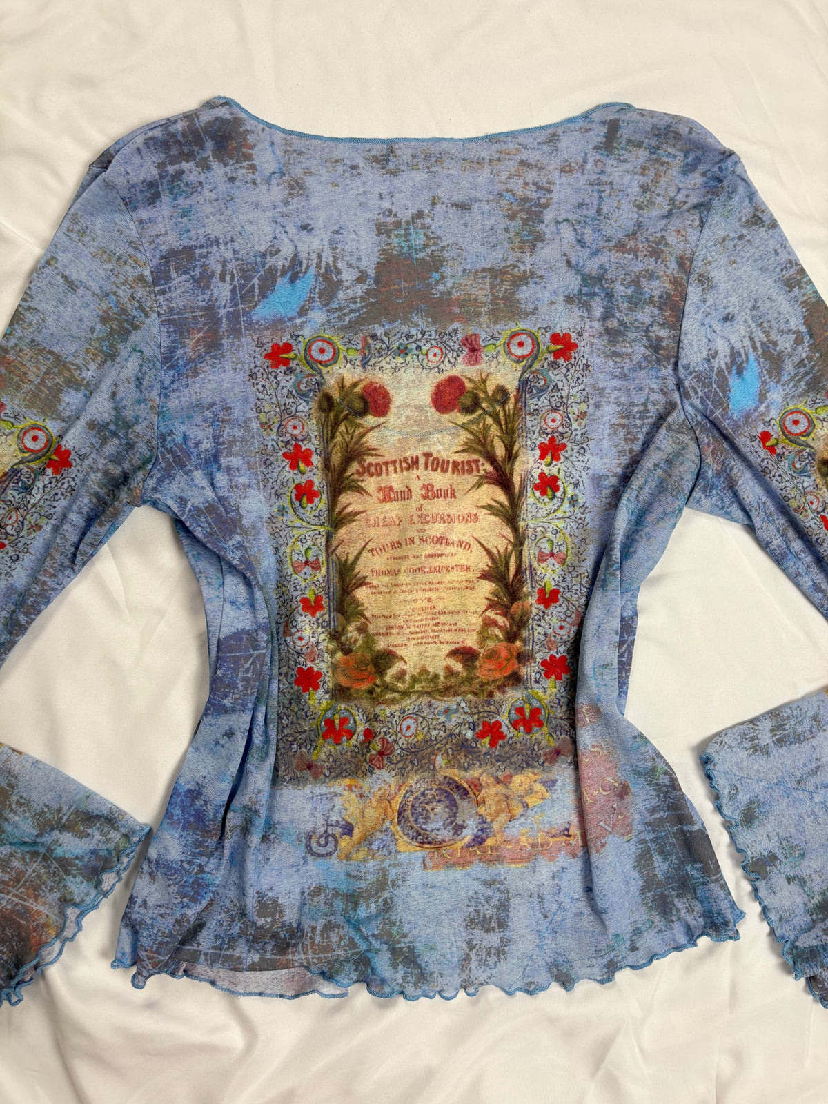 Blue sheer mesh Scotland graphic wide sleeve top