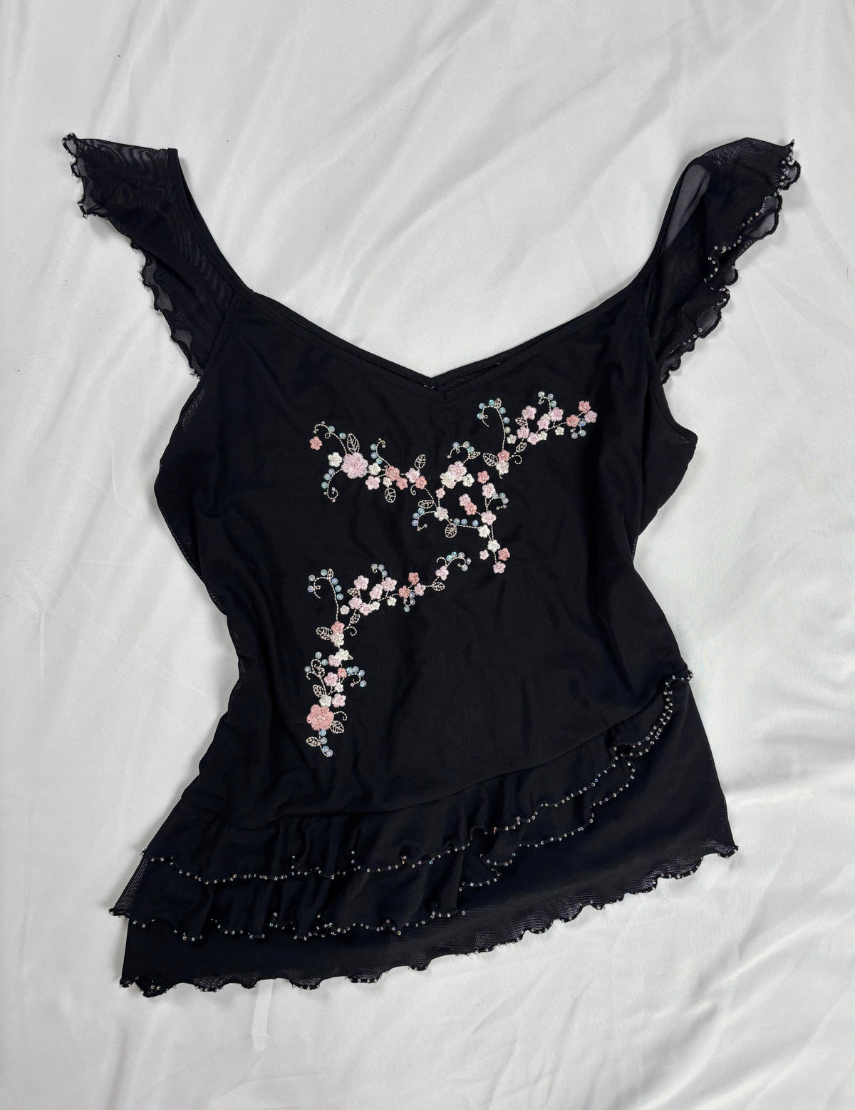 Black milkmaid neckline top with embellished cherry blossom details