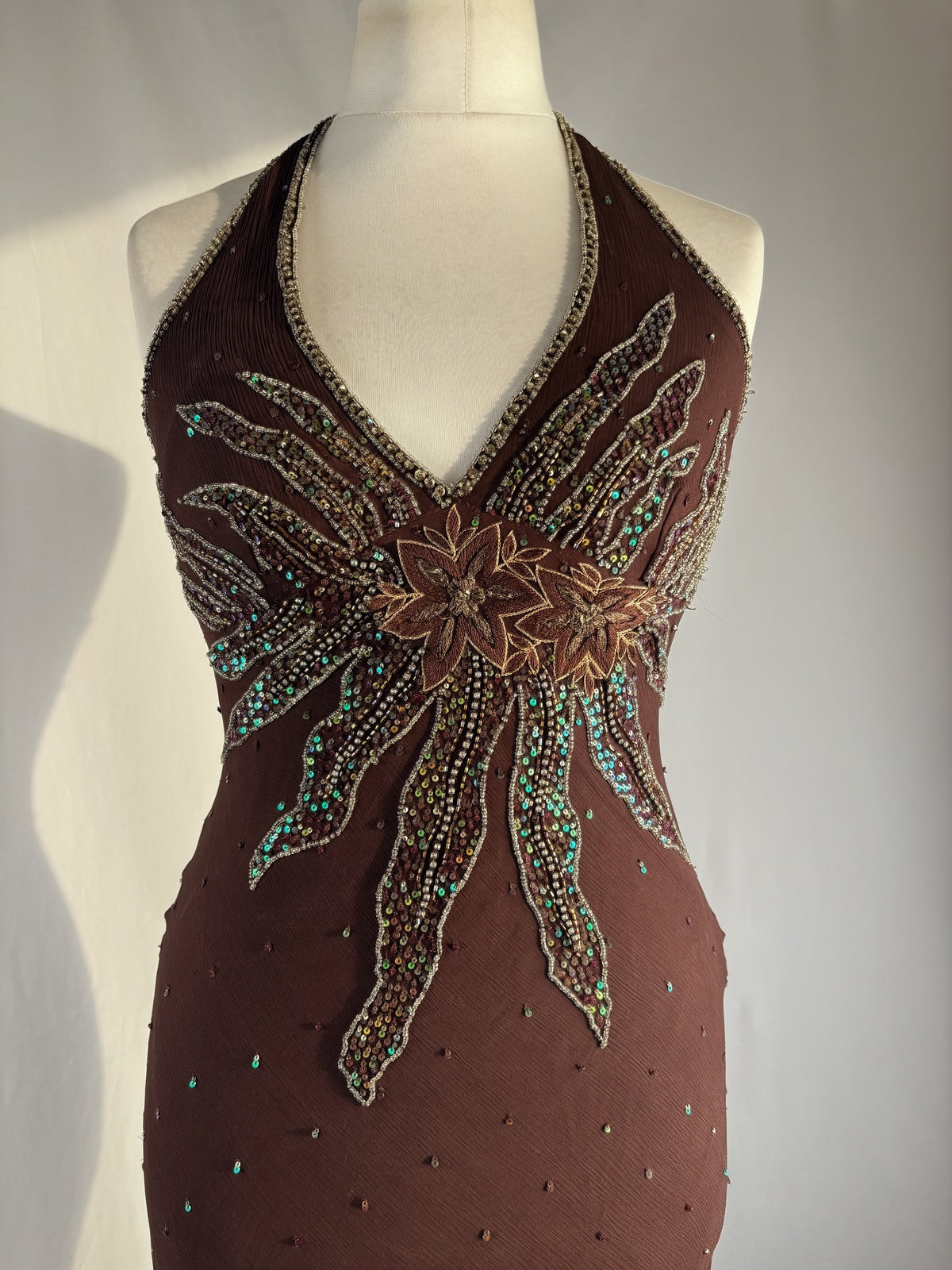 Brown aftershock silk midi dress embellished with sequins