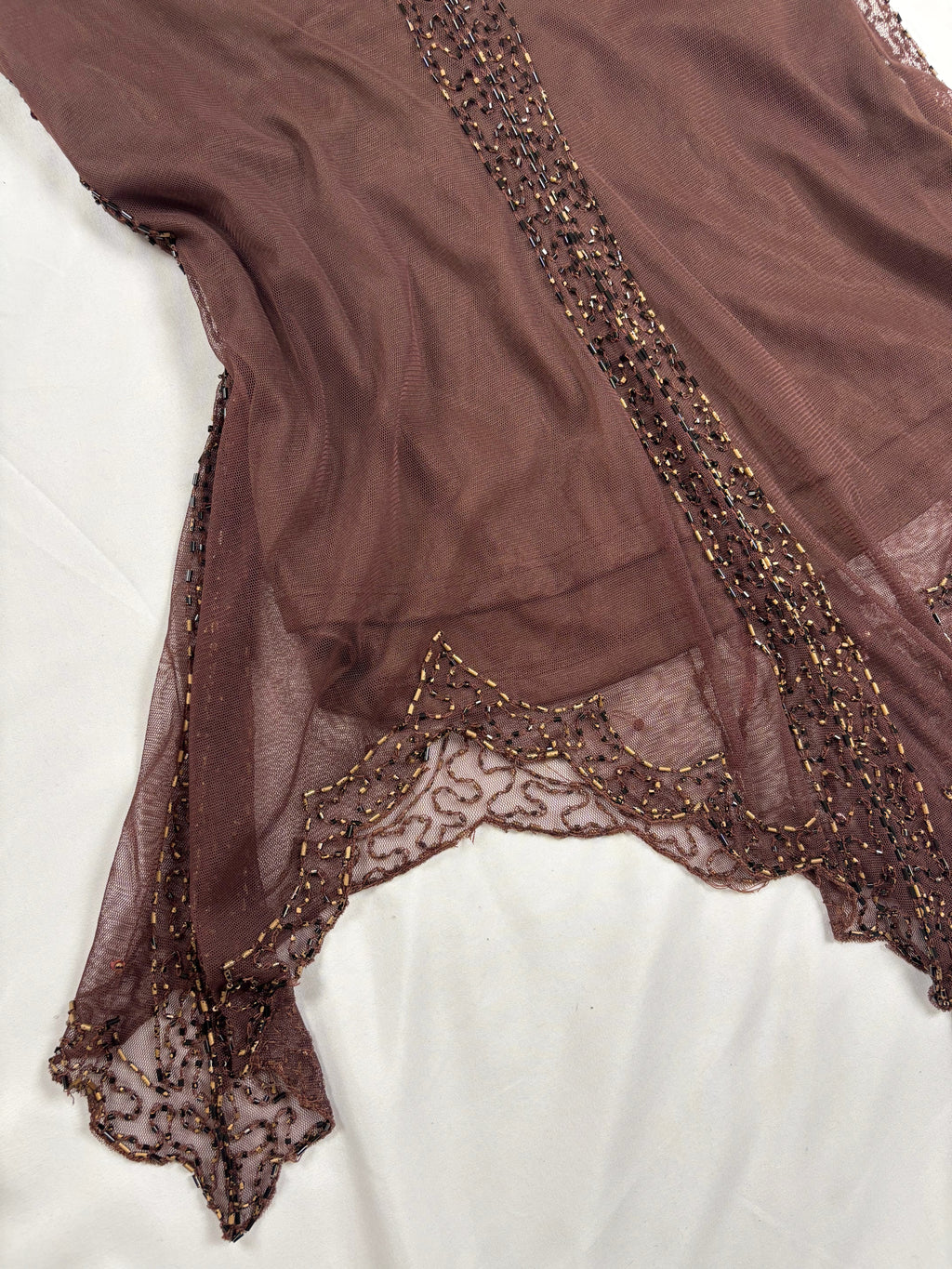 Chocolate brown asymmetrical mesh fairy top with v-neckline