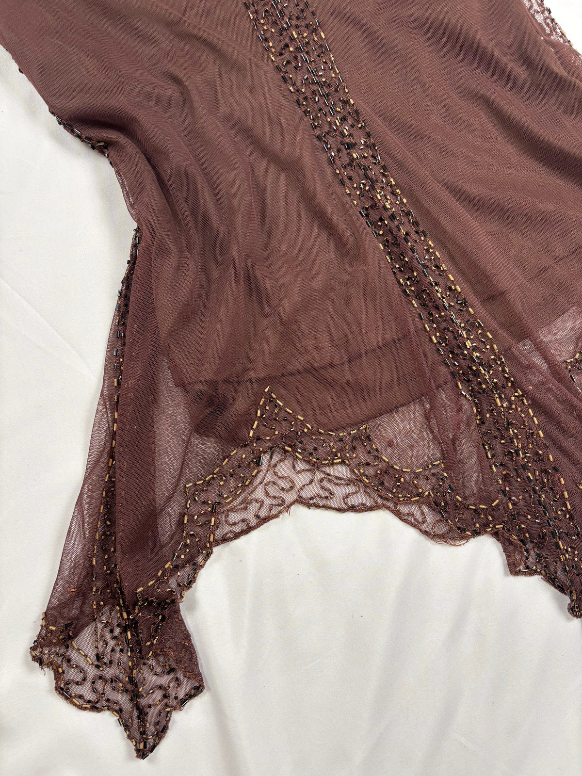 Chocolate brown asymmetrical mesh fairy top with v-neckline