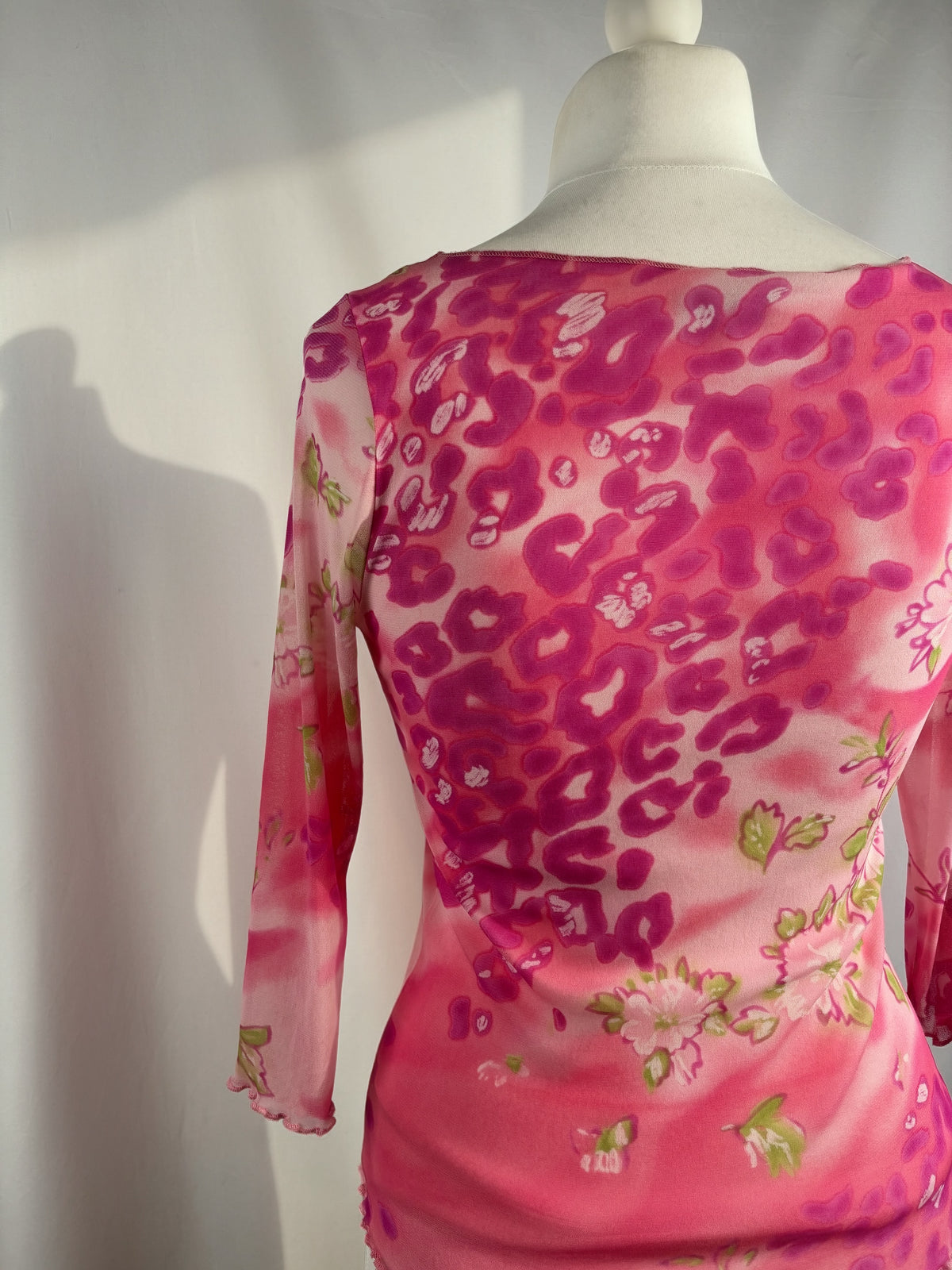 Hot pink animal print mesh 3/4 sleeve top