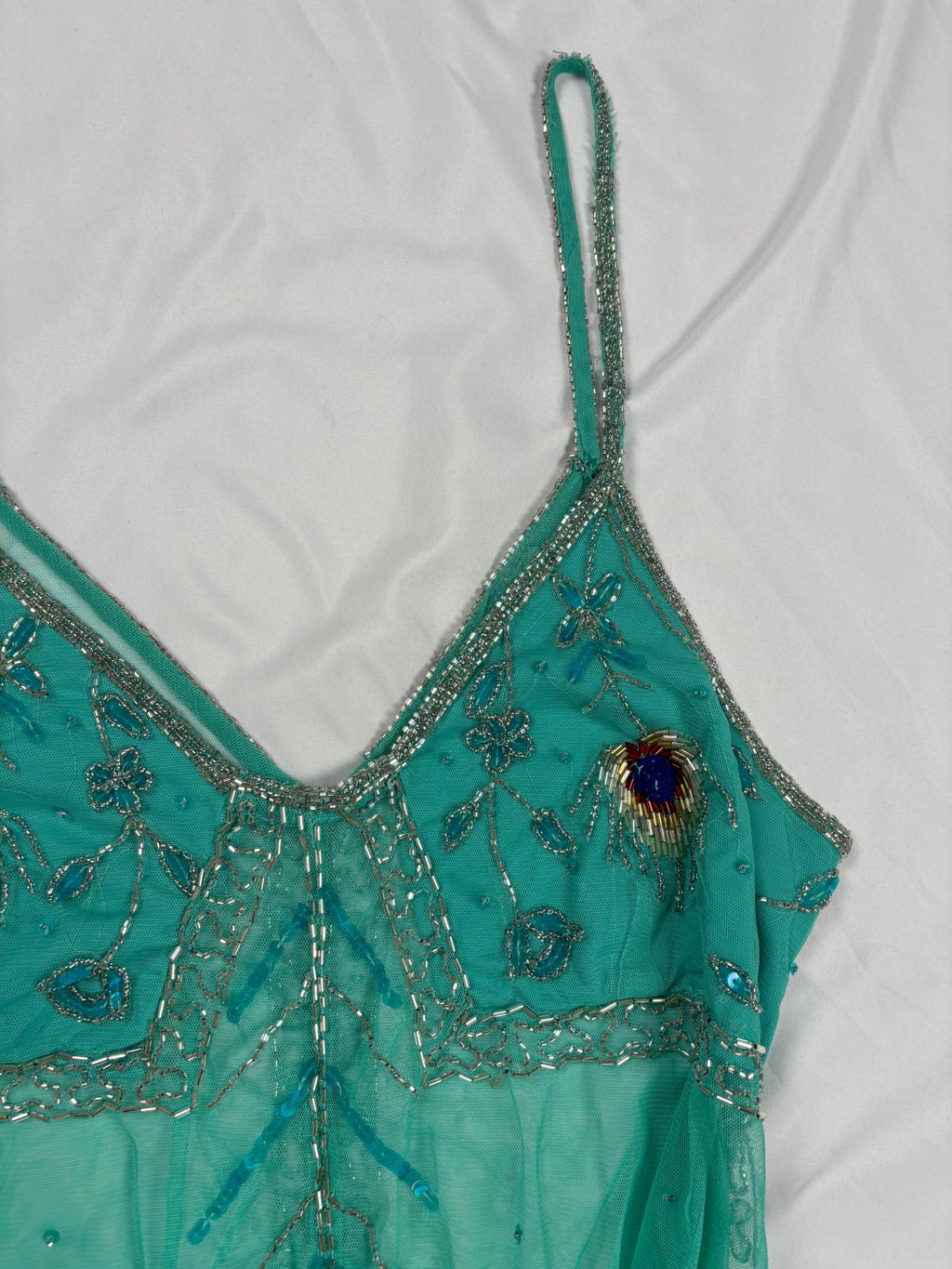Bright blue sheer beaded peacock detailed fairy cami