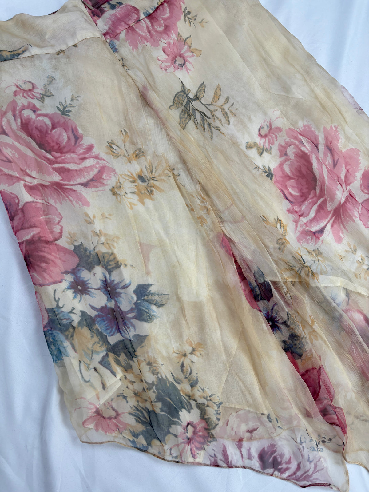 Sheer cream floral midi skirt embellished with sequins