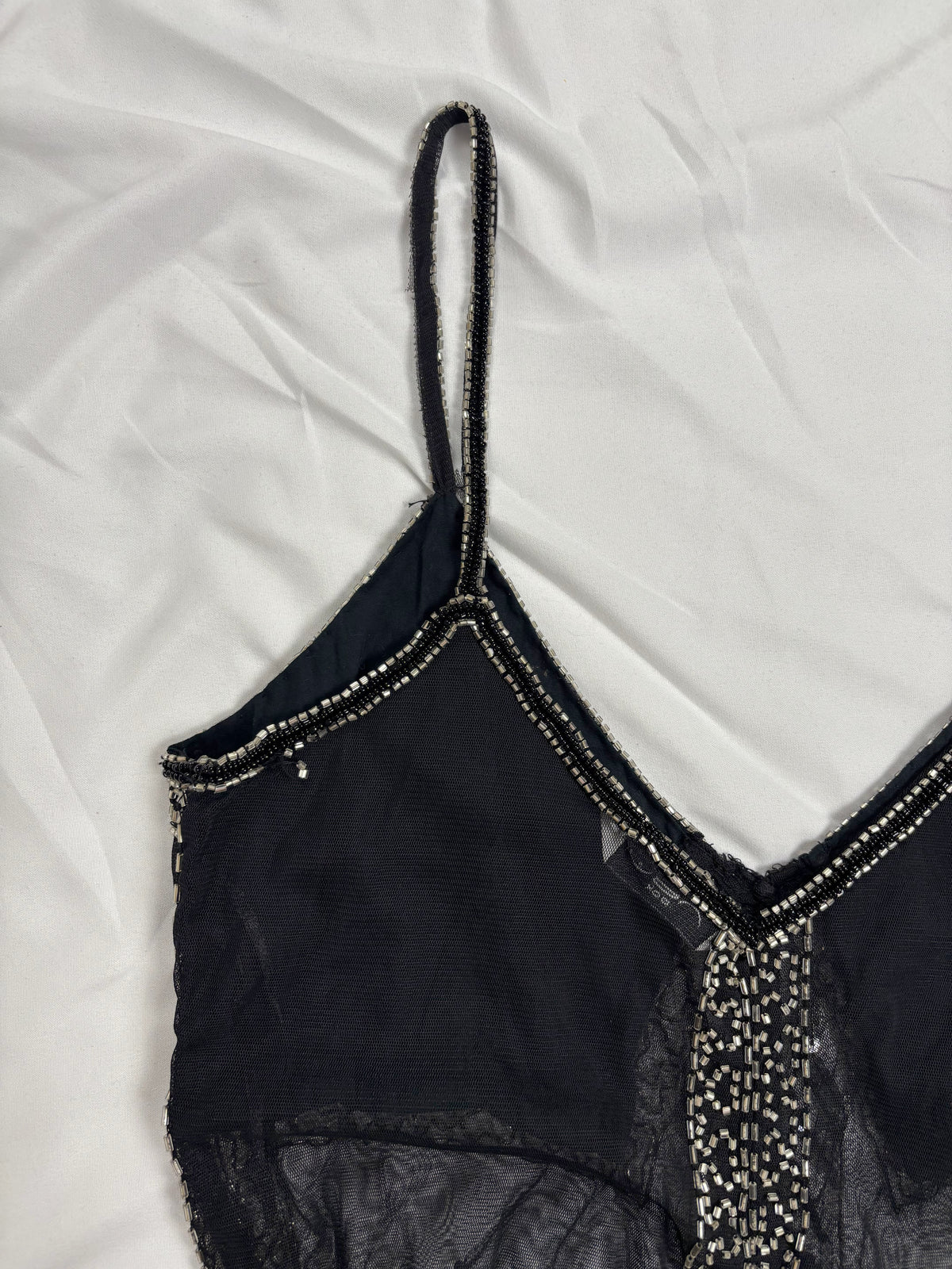 Sheer black beaded asymmetrical fairy cami