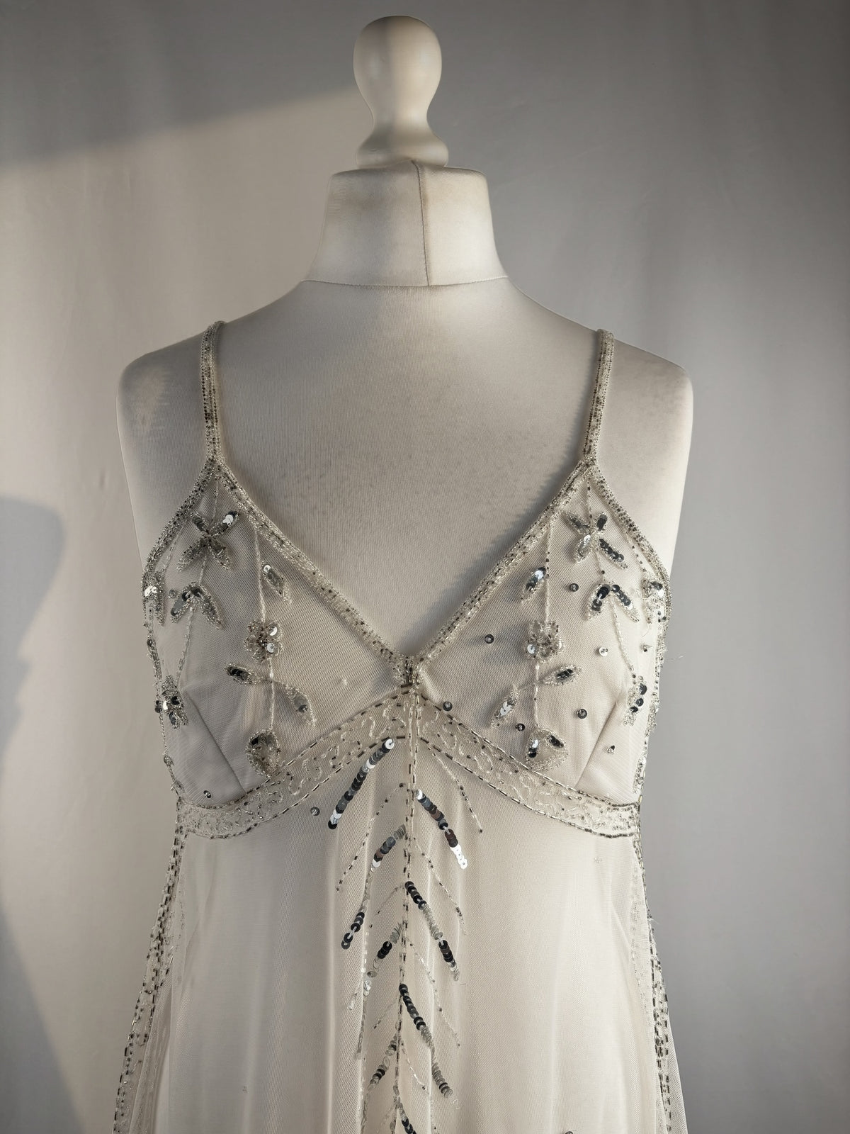 White beaded sheer asymmetrical fairy cami