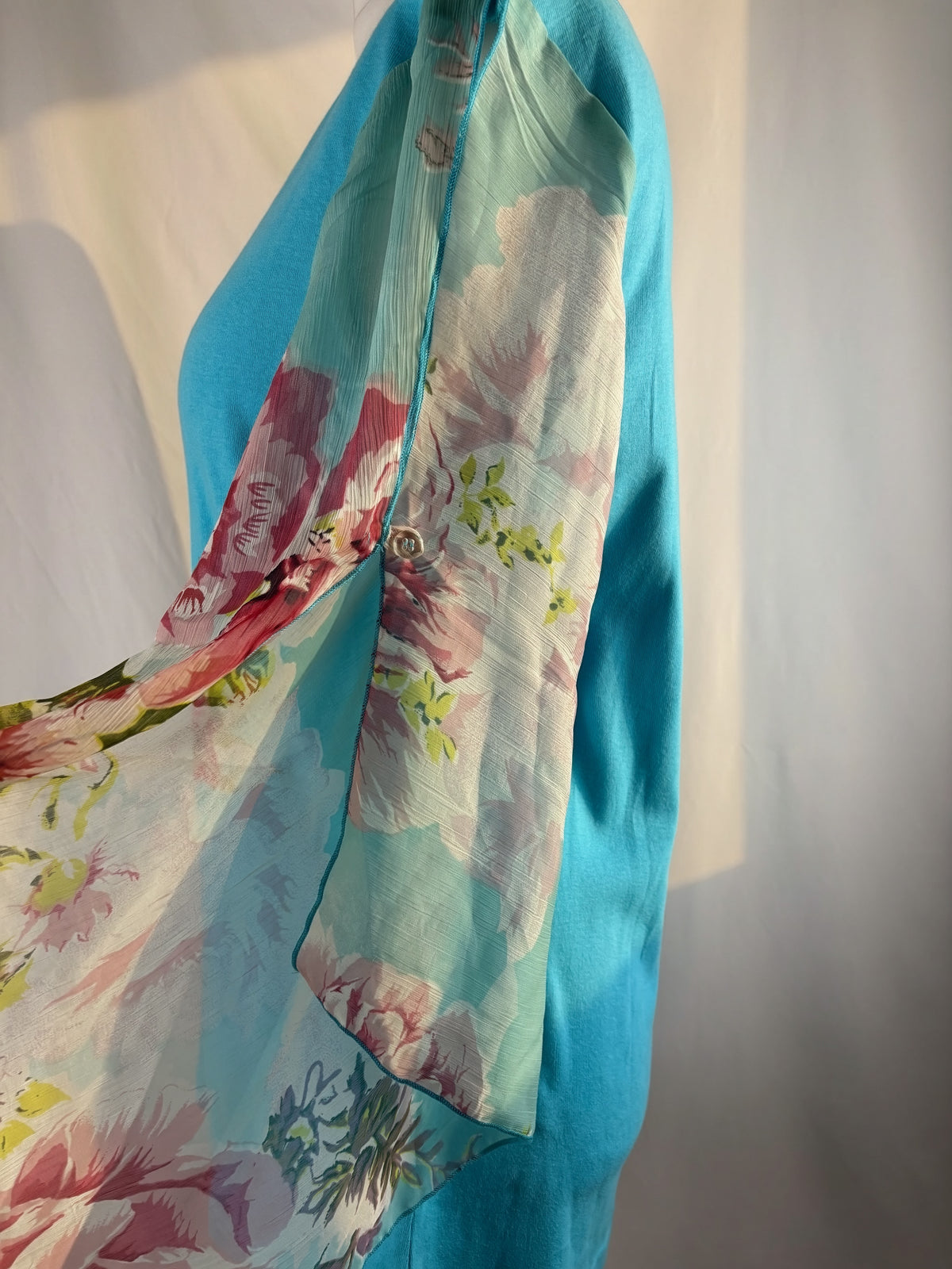 Blue floral Derhy detailed mesh flare/ long sleeve top with sequins