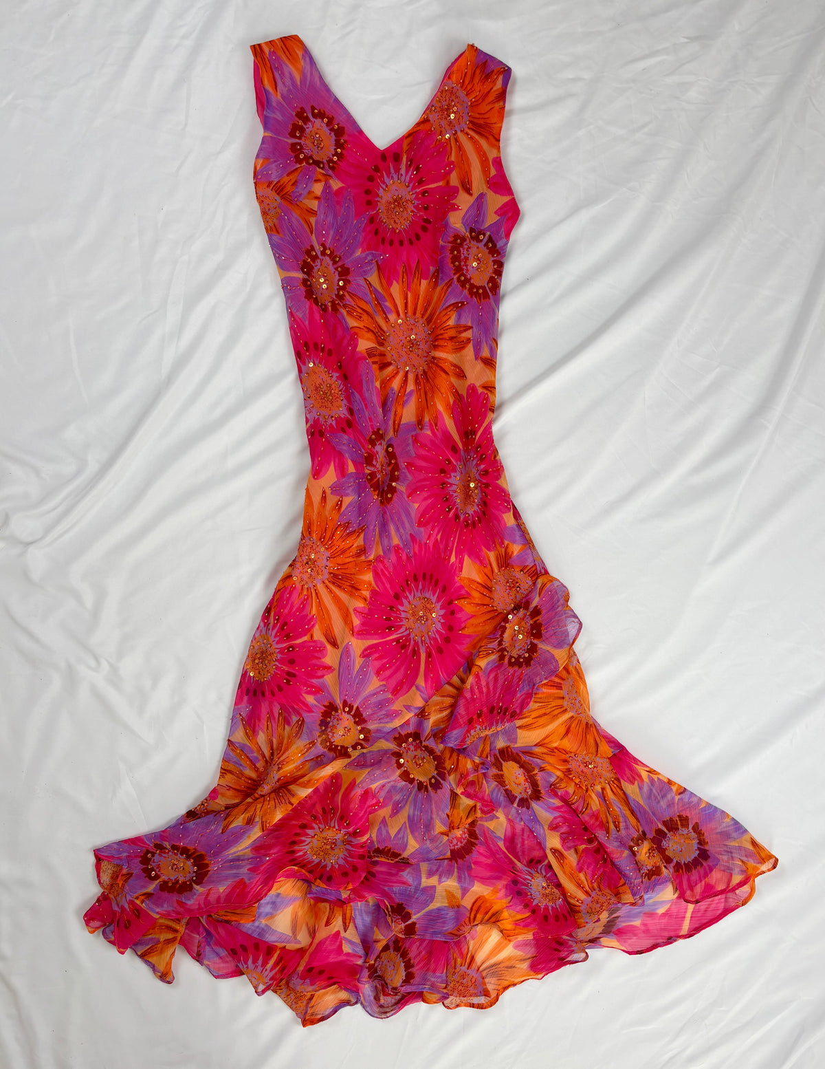 Sunflower ruffle maxi dress embellished throughout with sequins
