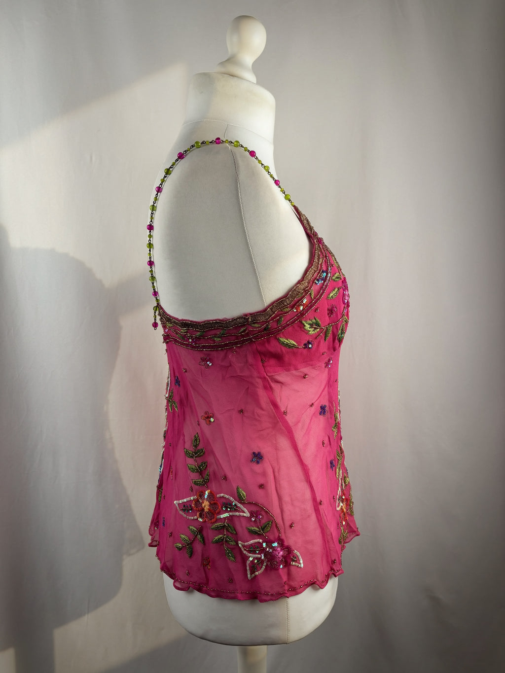 Hot pink sheer embellished aftershock silk cami with beaded straps