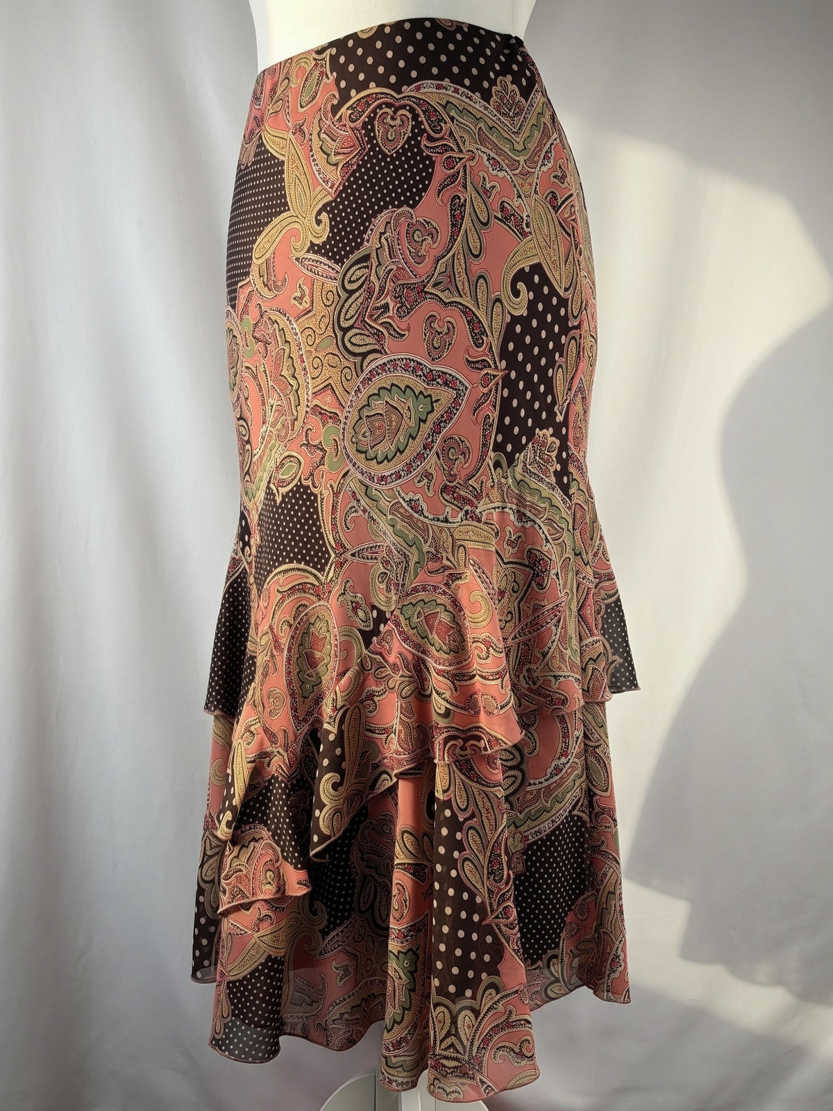 Brown and pink mixed print ruffle maxi skirt