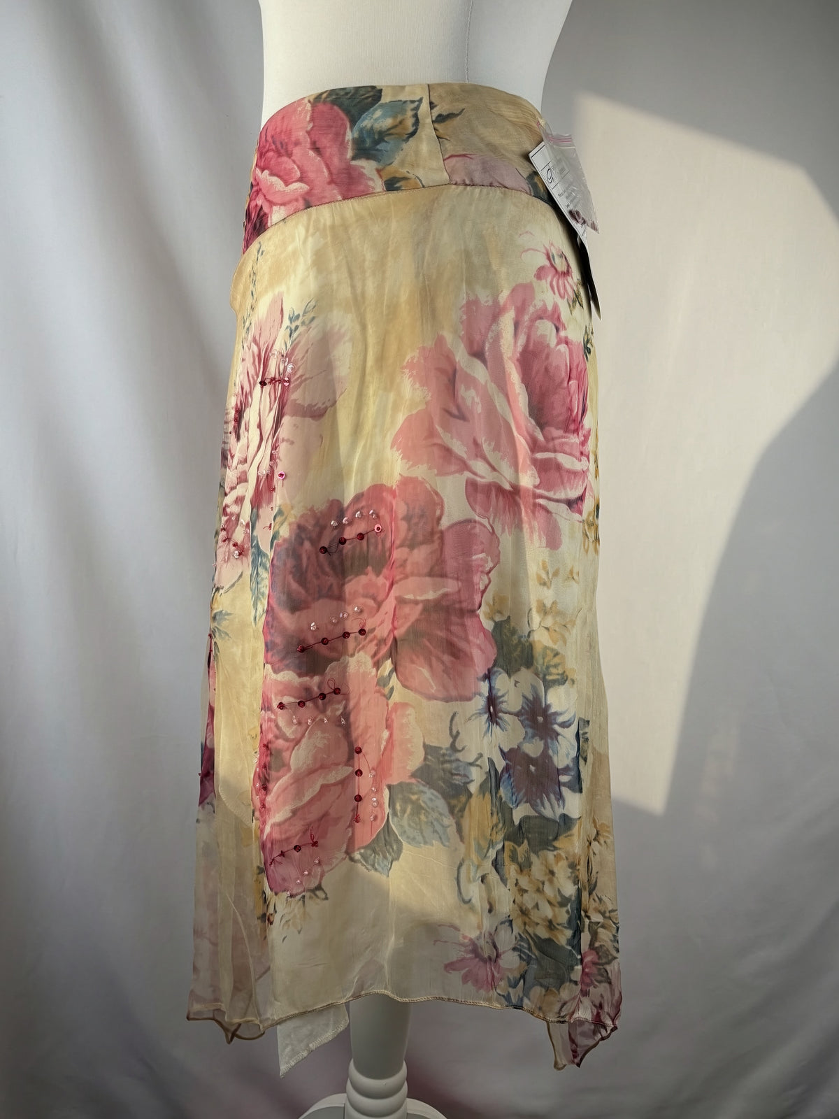 Sheer cream floral midi skirt embellished with sequins