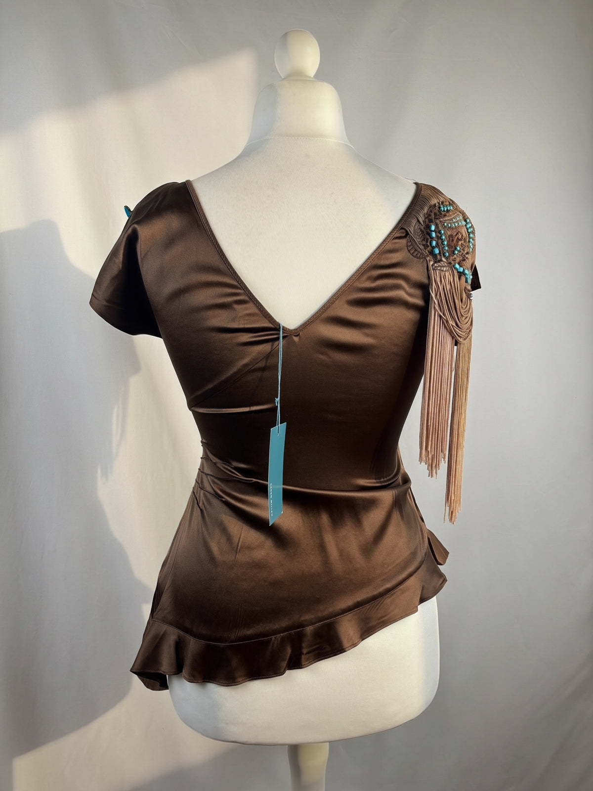 Brown silk western style asymmetric top with tassel details