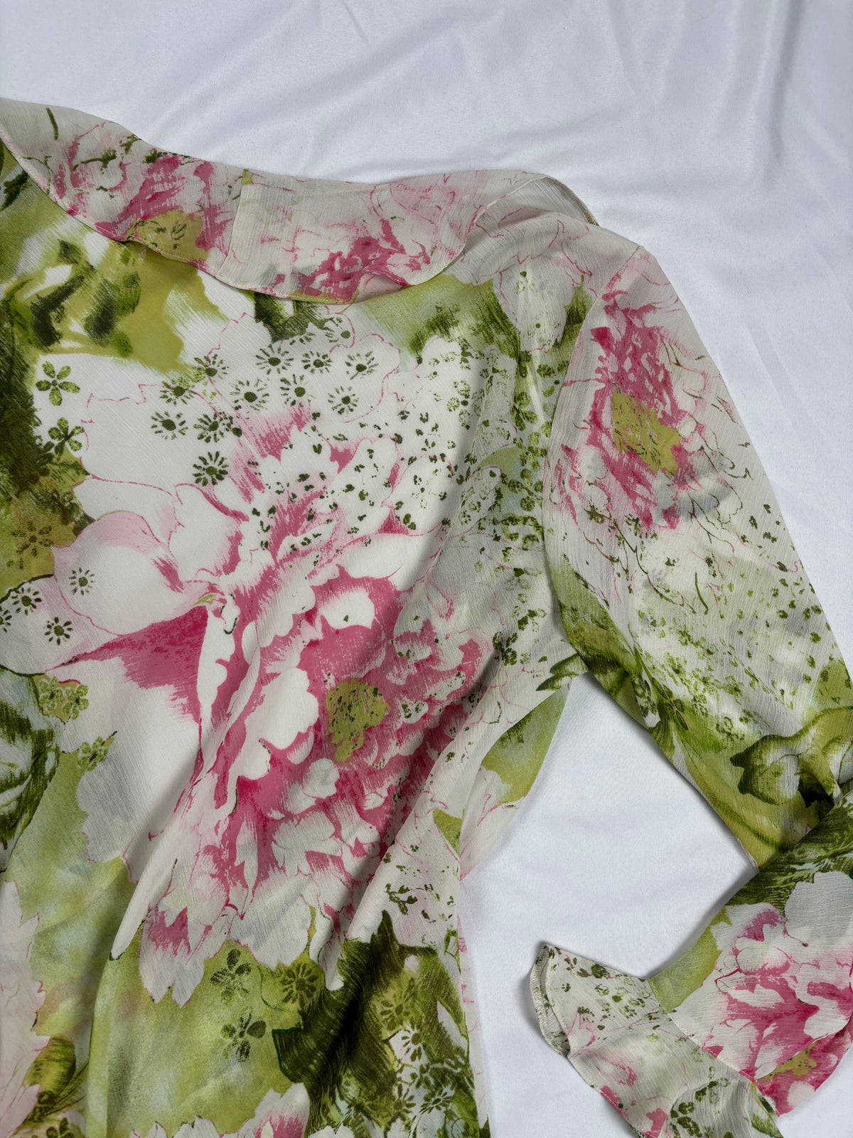 Pink and green floral ruffle tie front cardigan
