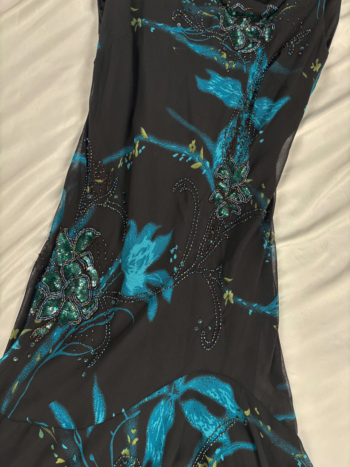 Black and blue floral asymmetric beaded dress with shawl