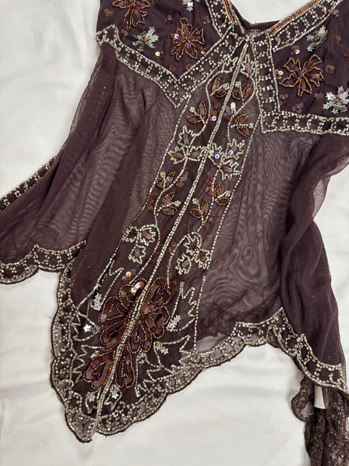 Chocolate brown sheer beaded asymmetric fairy cami