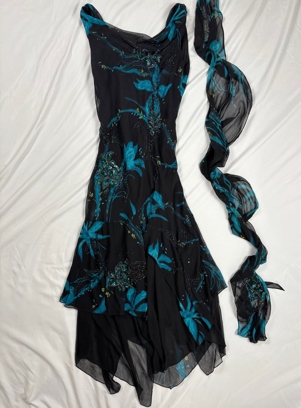 Black and blue floral asymmetric beaded dress with shawl