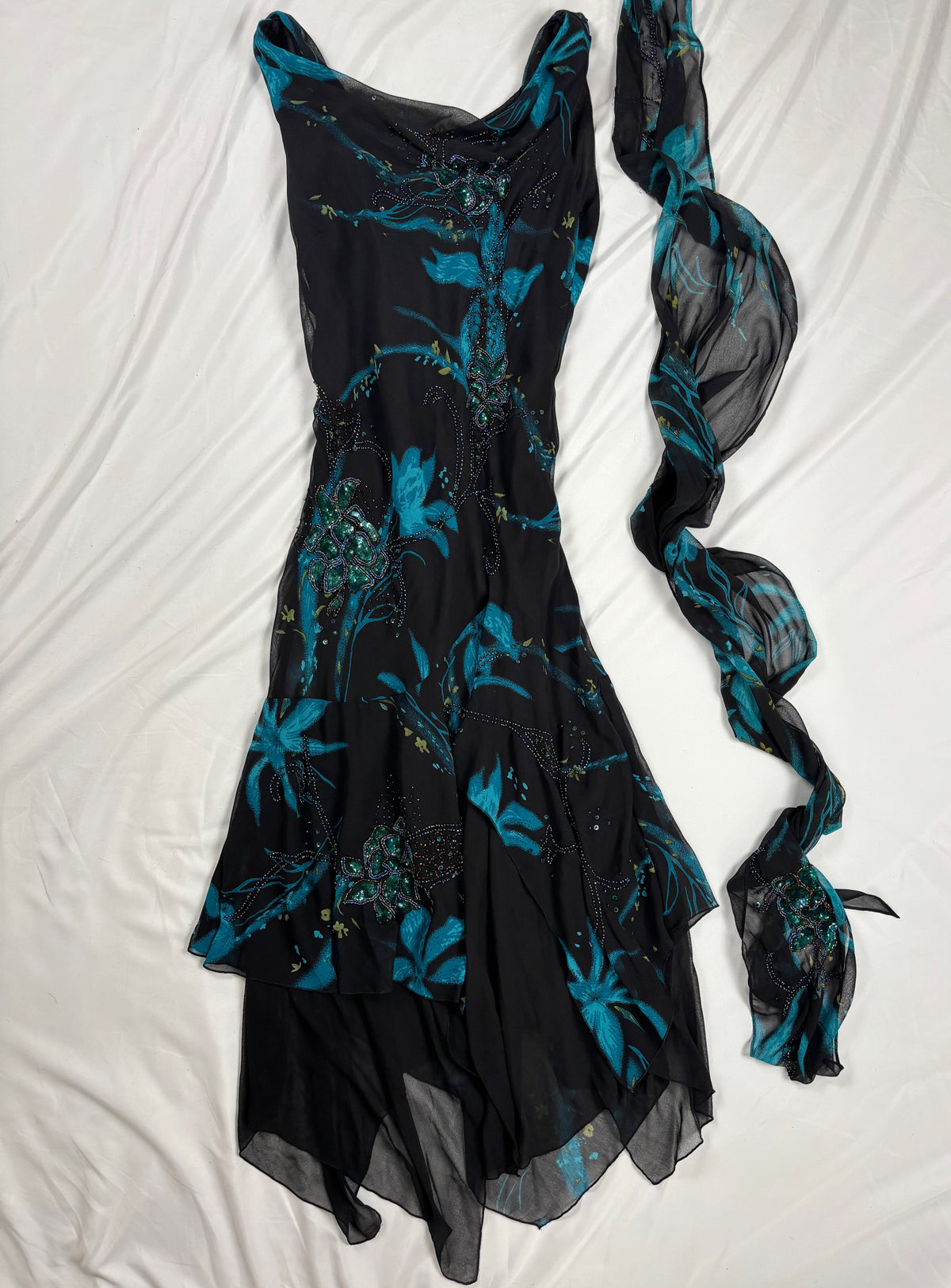 Black and blue floral asymmetric beaded dress with shawl
