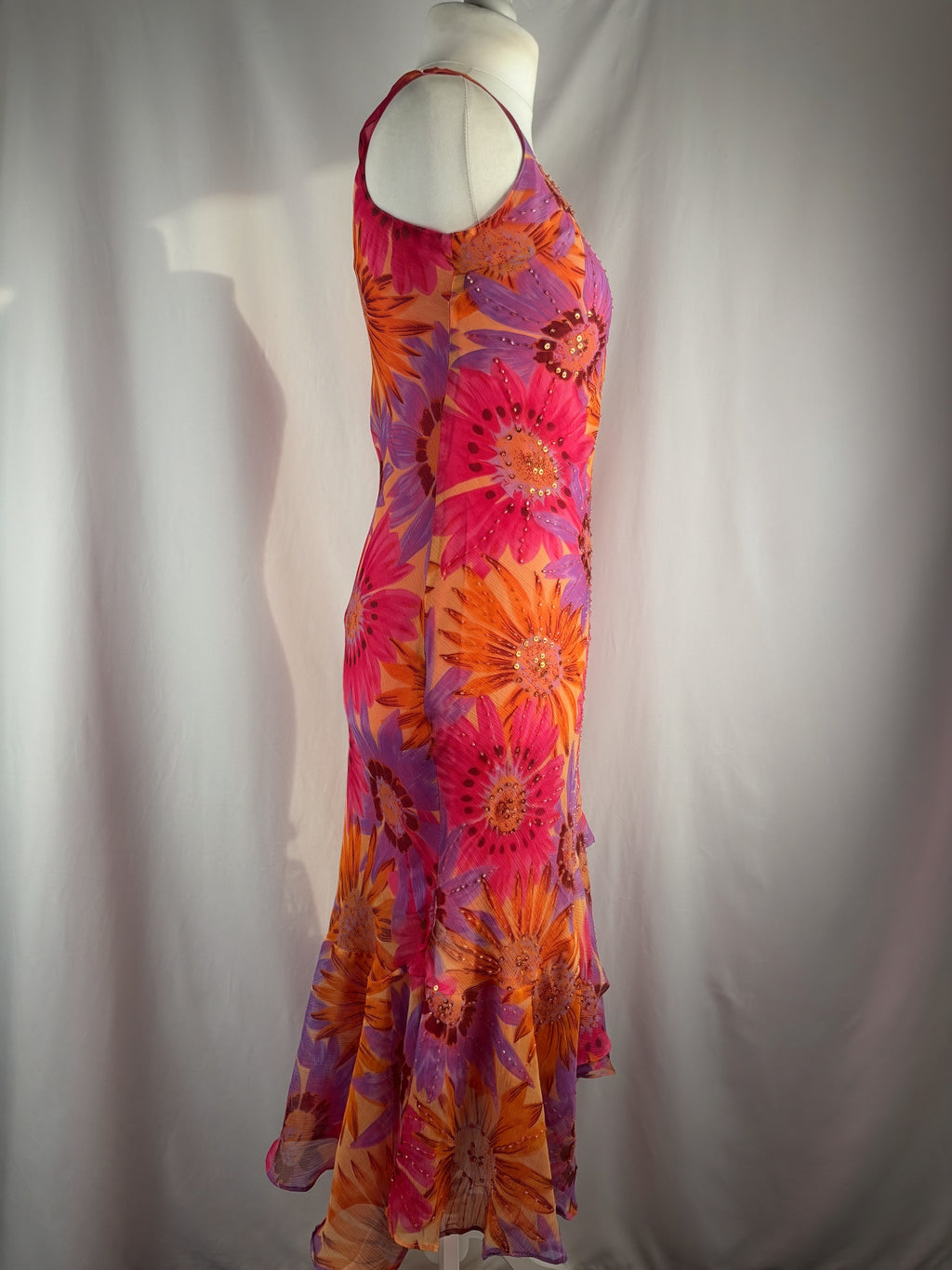 Sunflower ruffle maxi dress embellished throughout with sequins