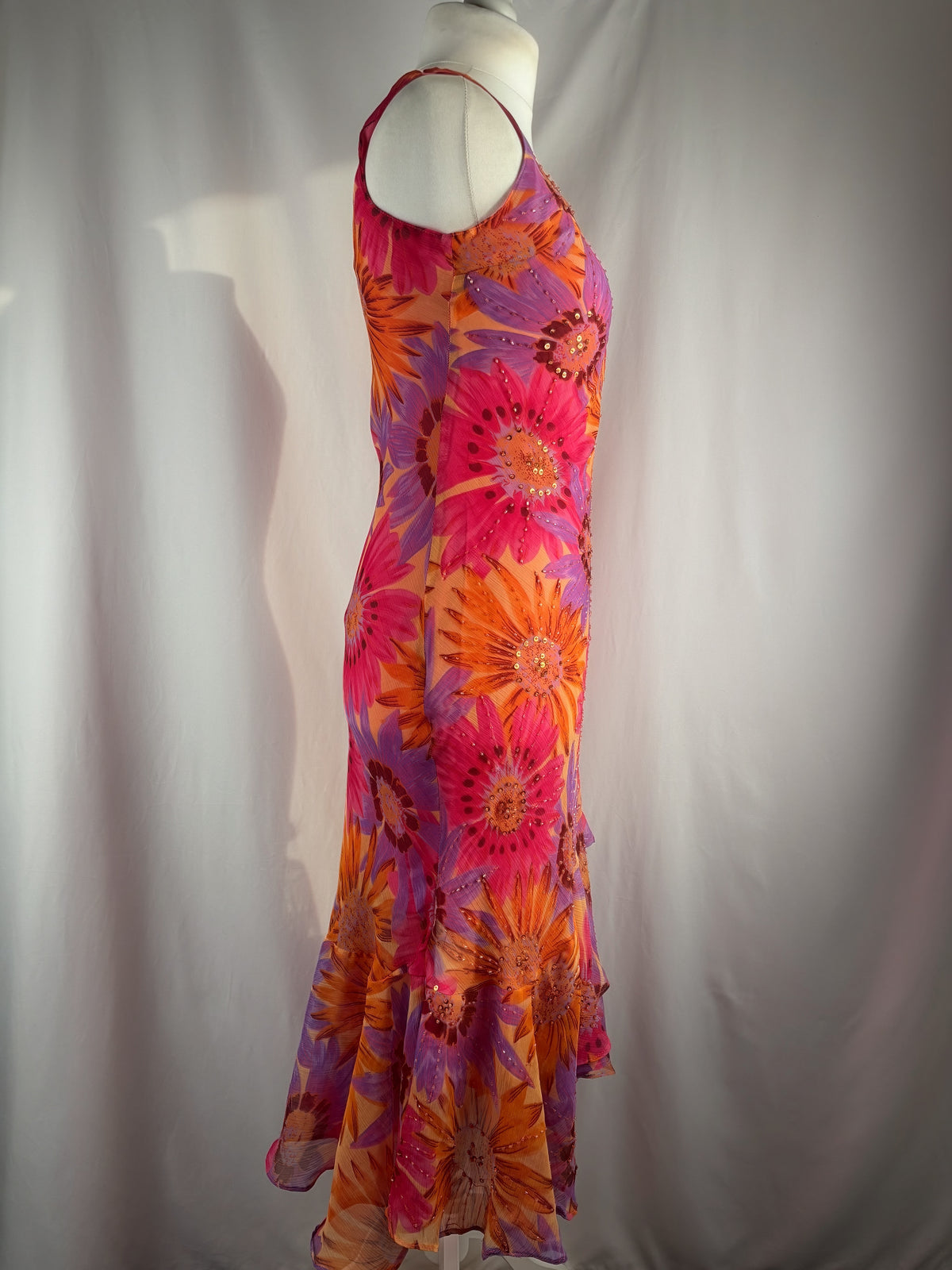 Sunflower ruffle maxi dress embellished throughout with sequins