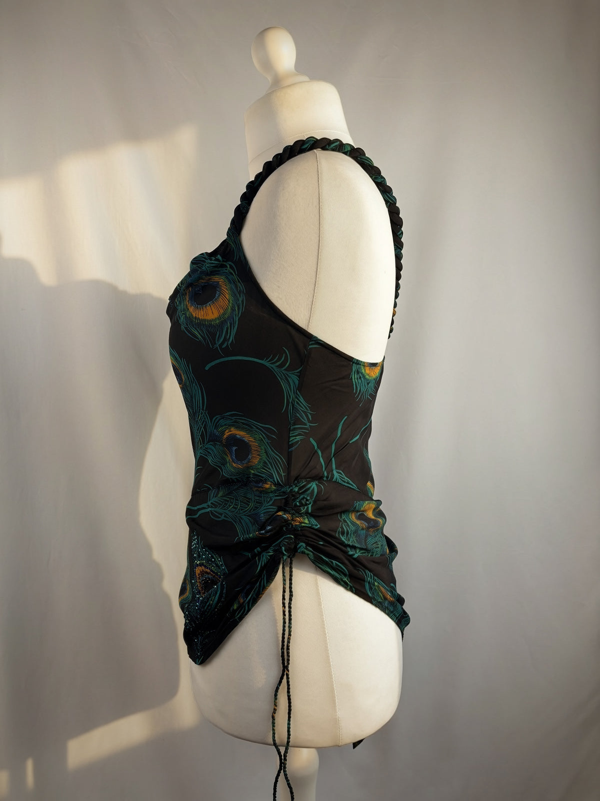 Black sheer silk peacock detailed cross back top with embellishments