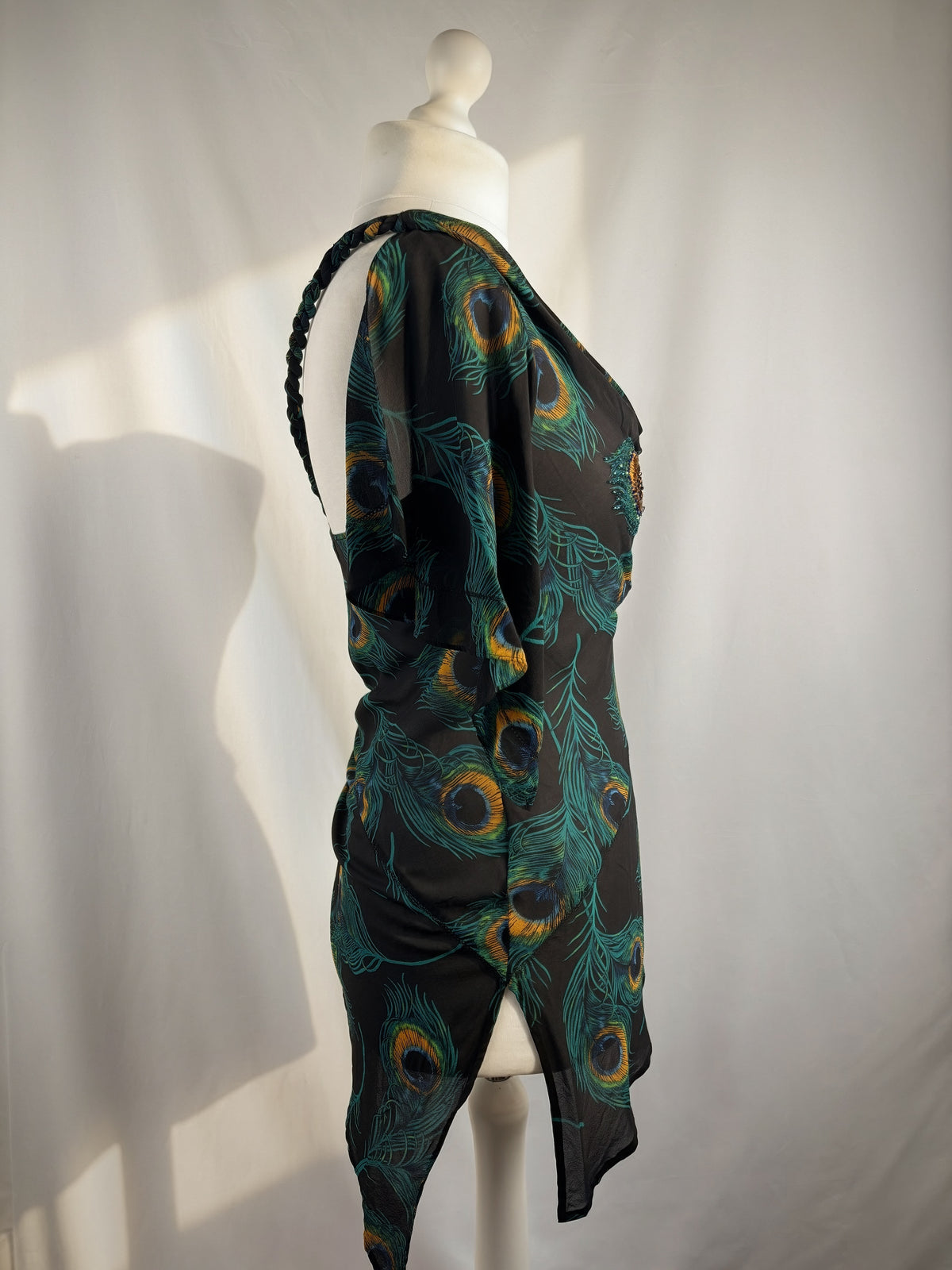 Black sheer silk peacock detailed cross back top with embellishments