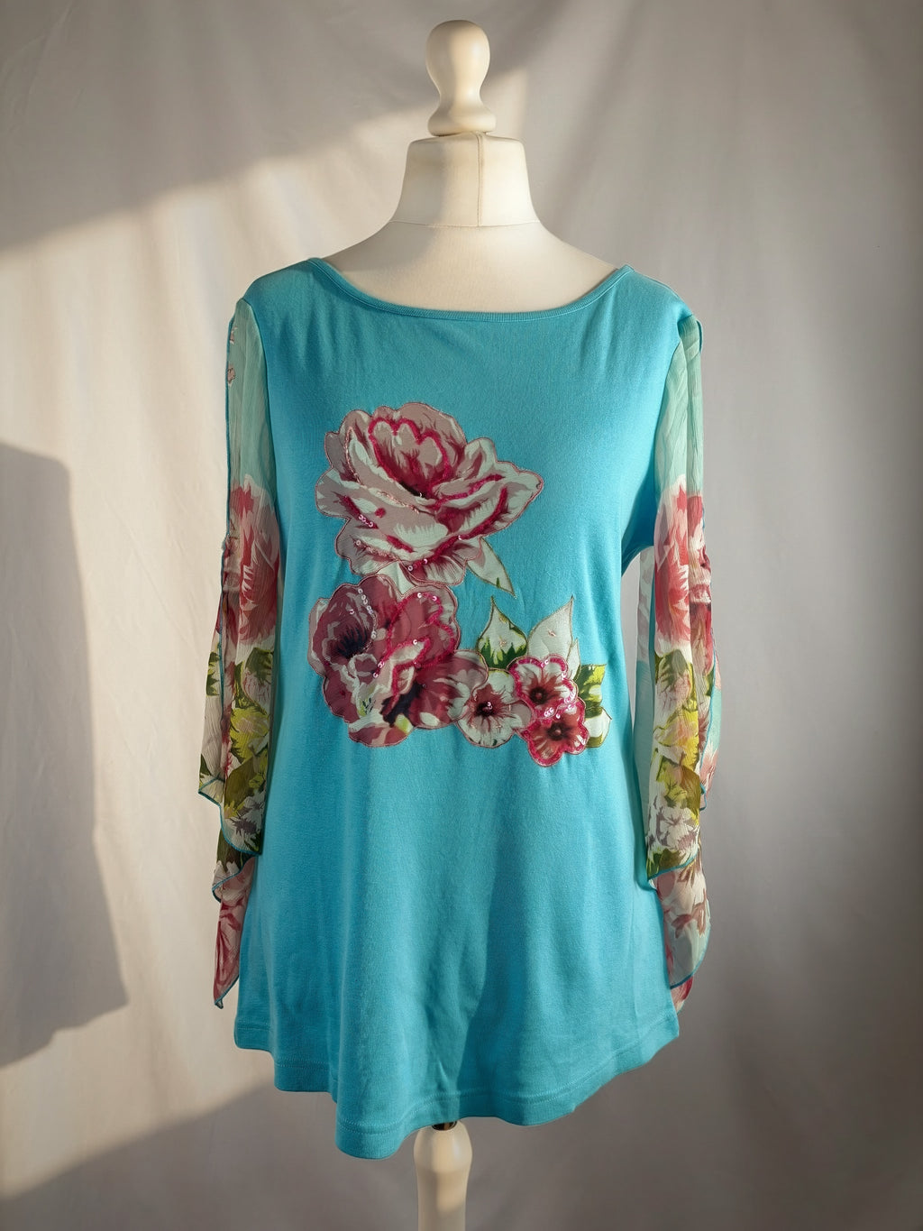 Blue floral Derhy detailed mesh flare/ long sleeve top with sequins