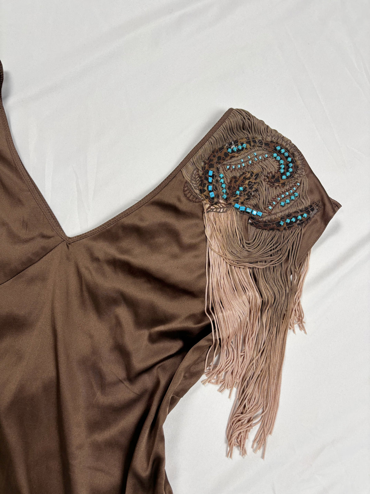 Brown silk western style asymmetric top with tassel details
