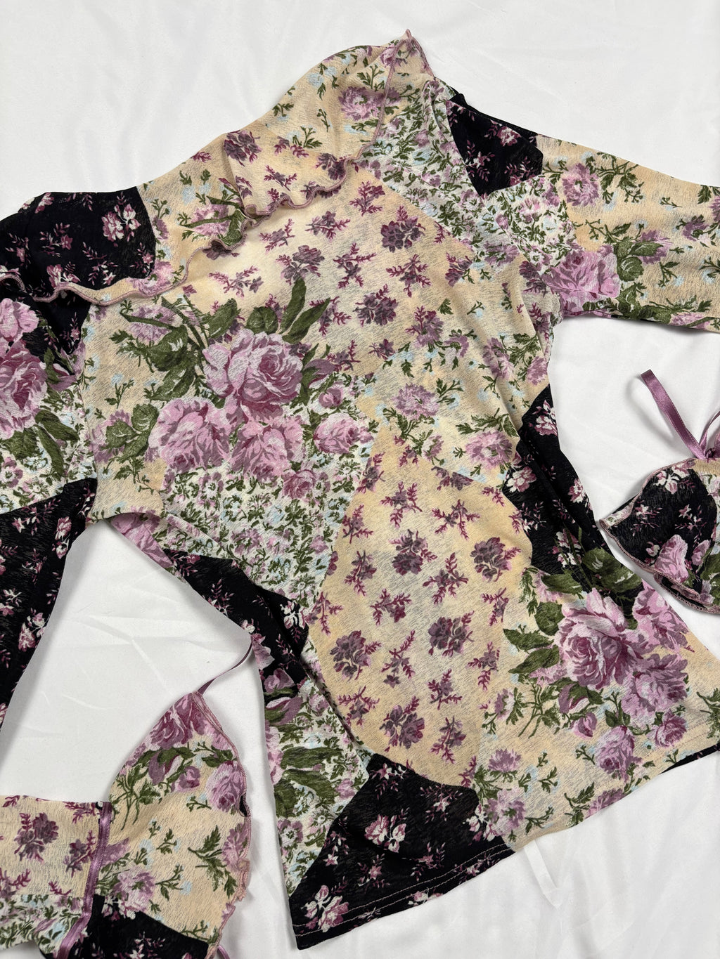 Floral patchwork long sleeve top with bow cuff detail