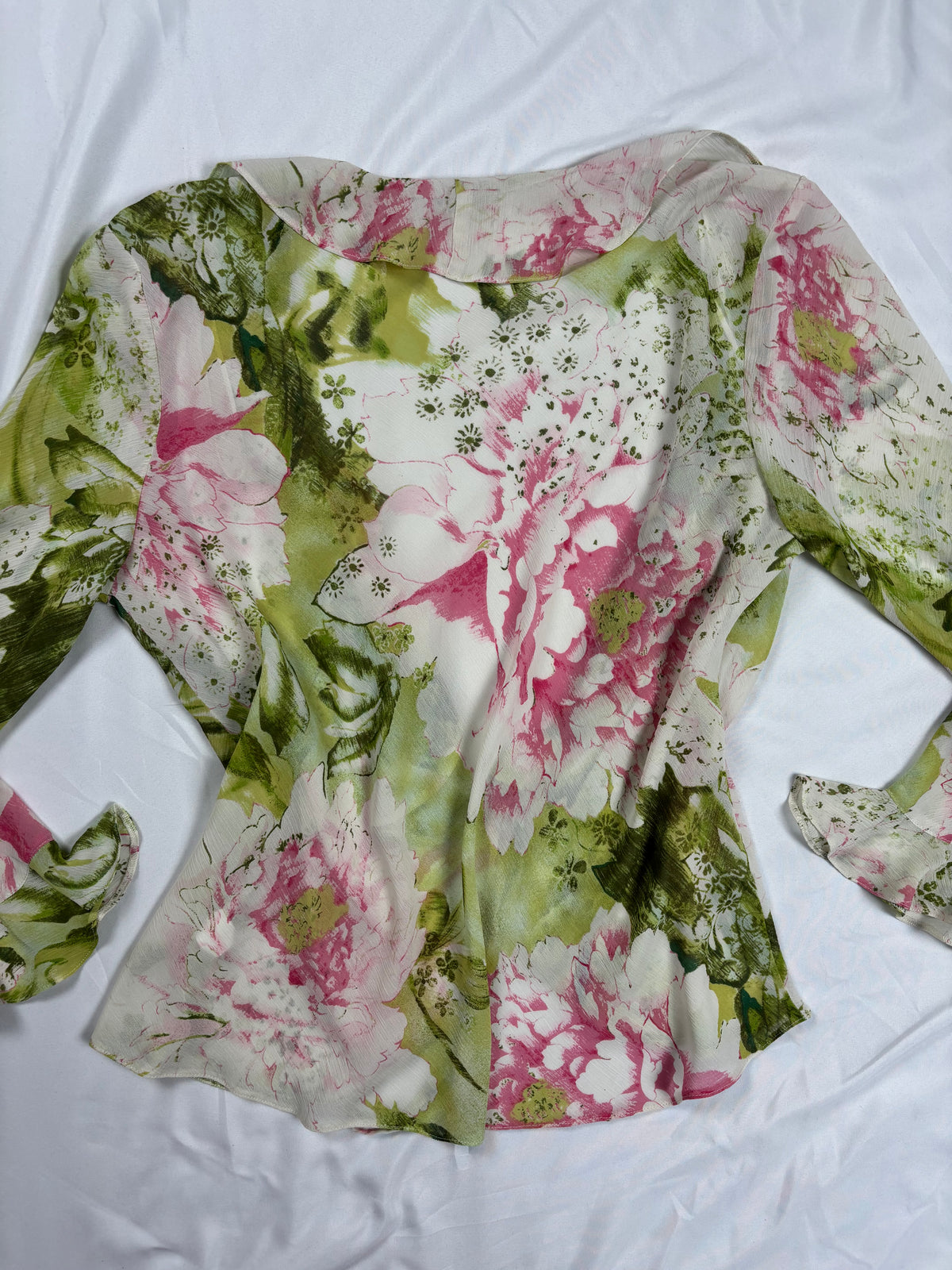 Pink and green floral ruffle tie front cardigan