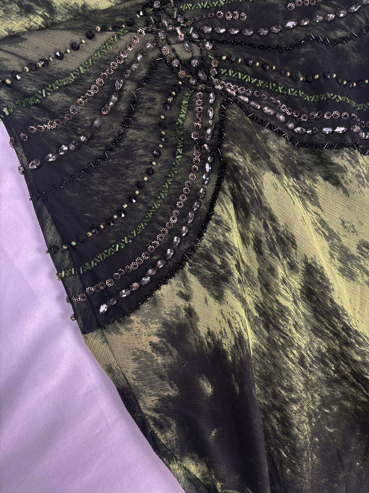 Black and green silk asymmetric beaded halterneck dress with shawl