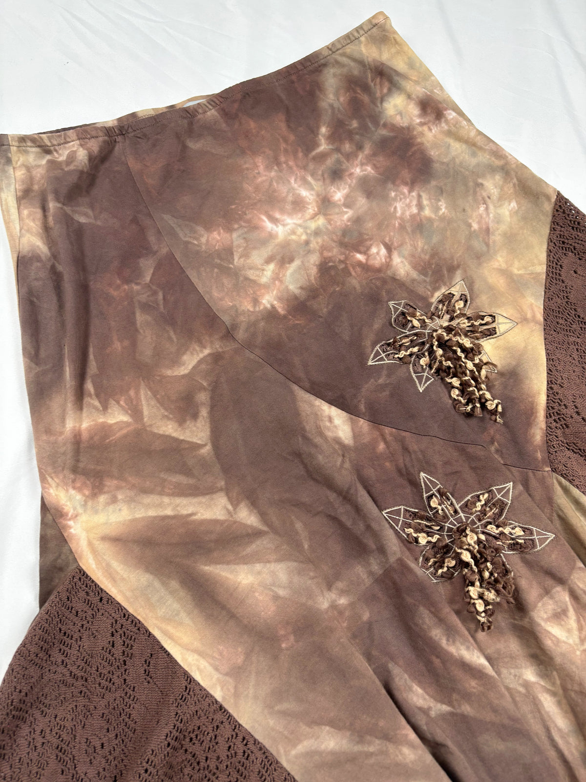 Brown and beige ombré patchwork skirt with floral tassel details