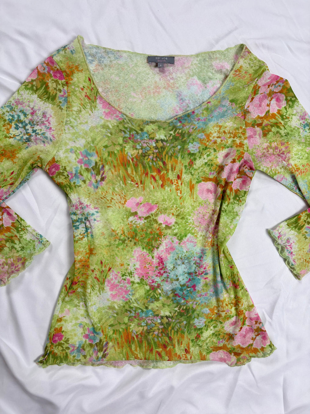 Green watercolour affect mesh 3/4 sleeve top