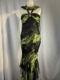 Black and green silk asymmetric beaded halterneck dress with shawl