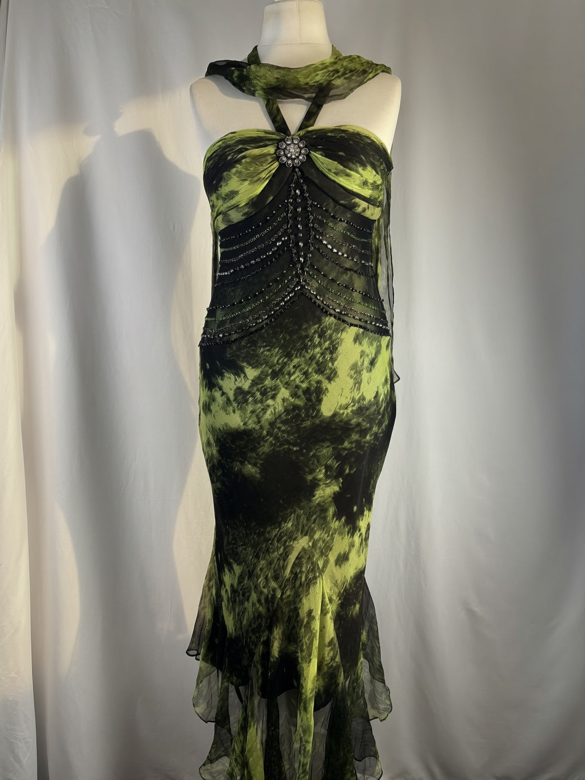 Black and green silk asymmetric beaded halterneck dress with shawl