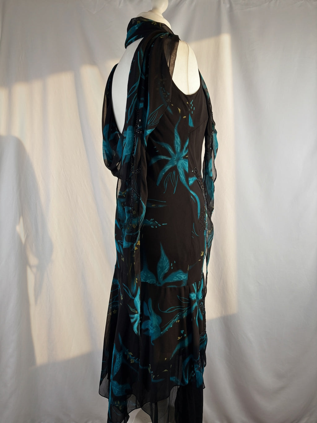 Black and blue floral asymmetric beaded dress with shawl