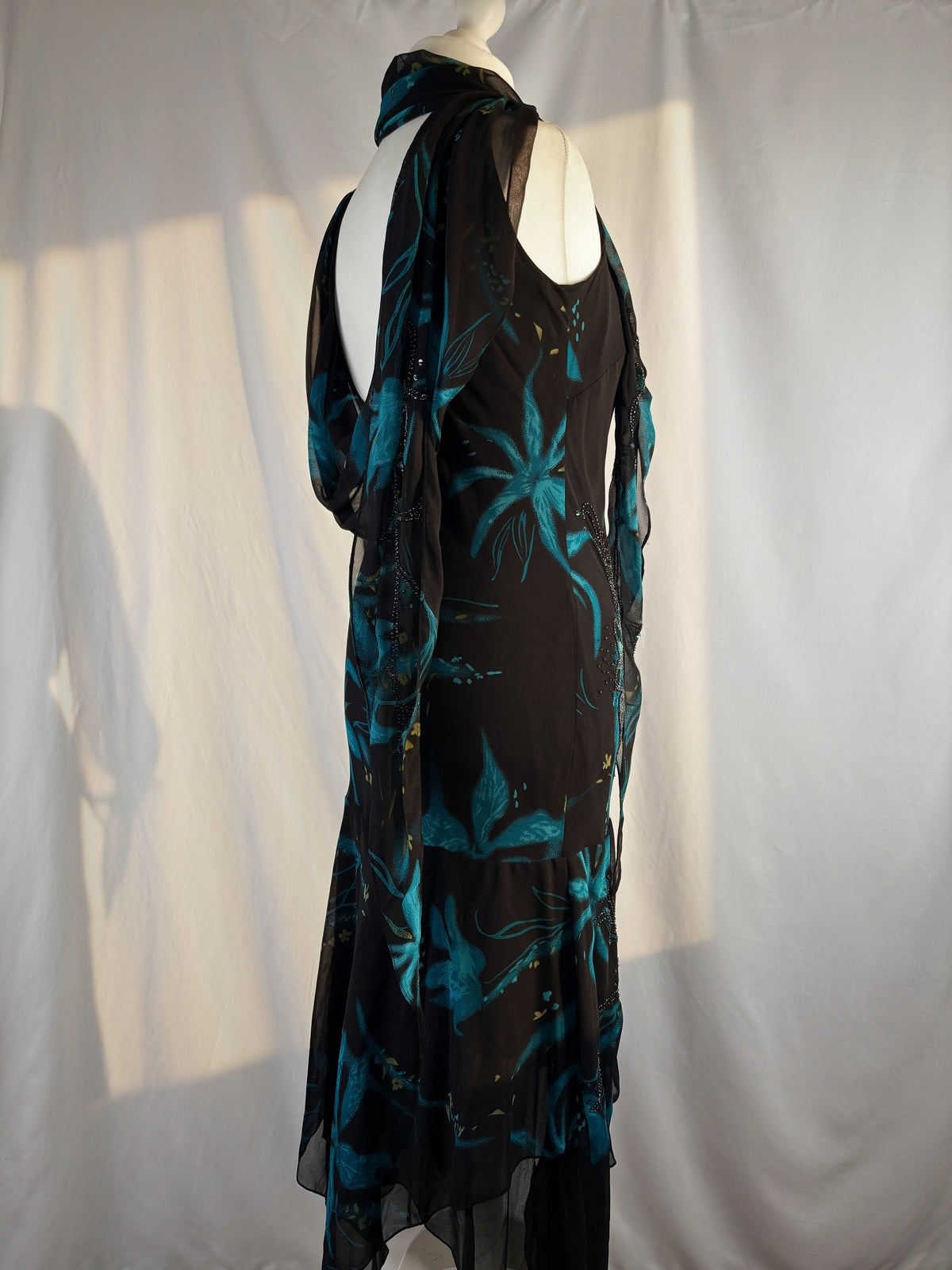 Black and blue floral asymmetric beaded dress with shawl