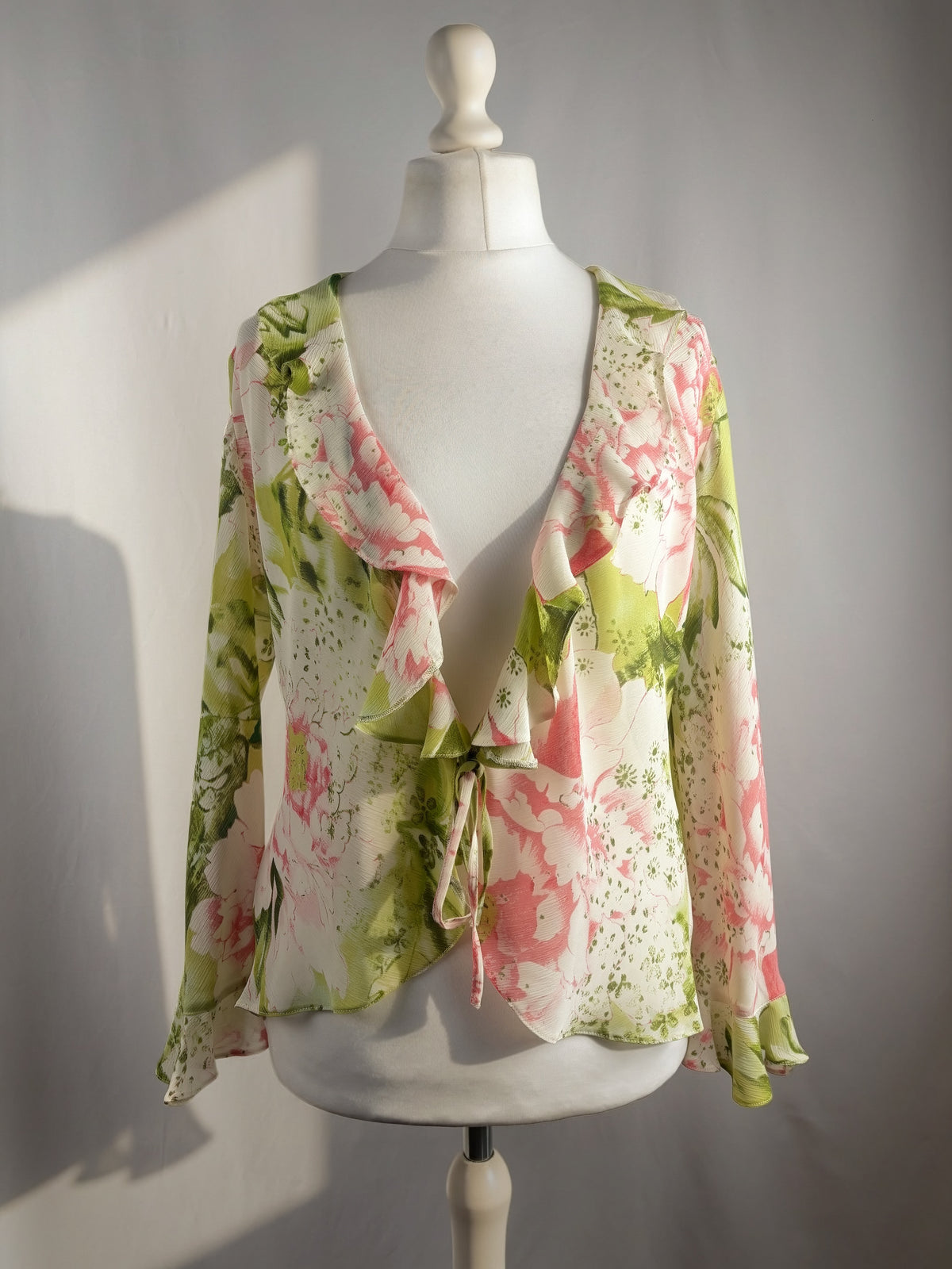 Pink and green floral ruffle tie front cardigan