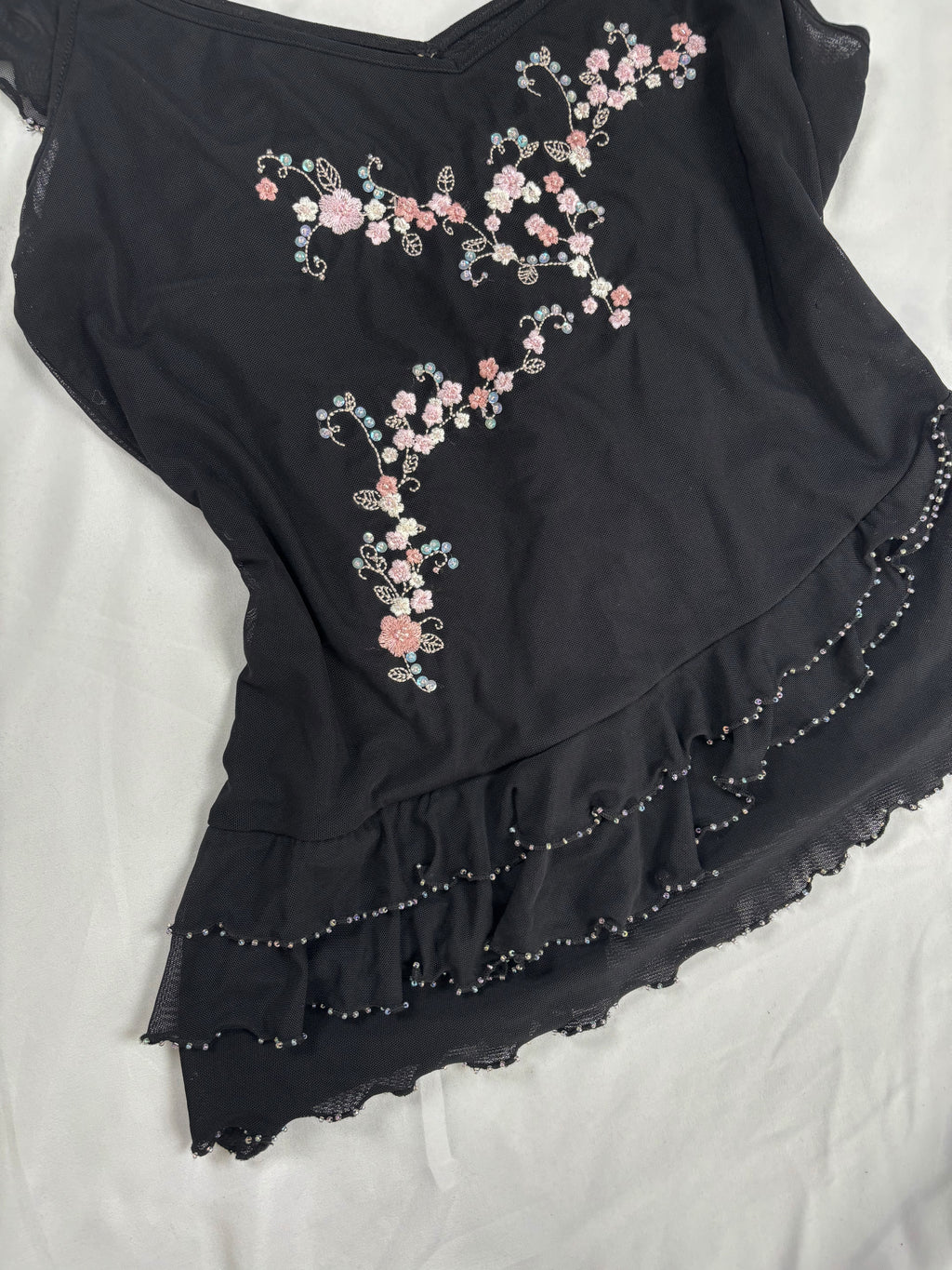 Black milkmaid neckline top with embellished cherry blossom details
