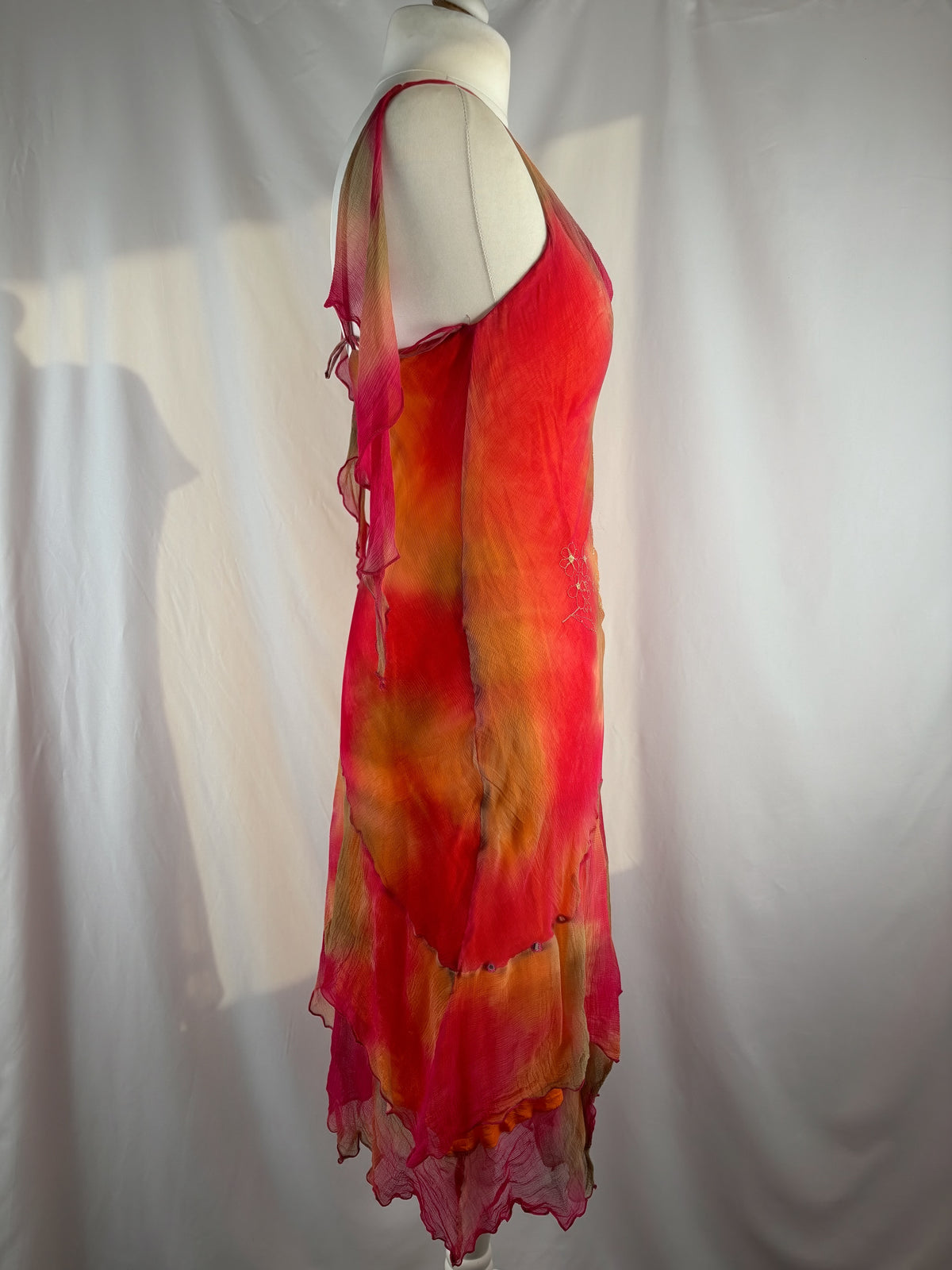 Autumnal ombré asymmetric mini dress with mirrored gem embellishments