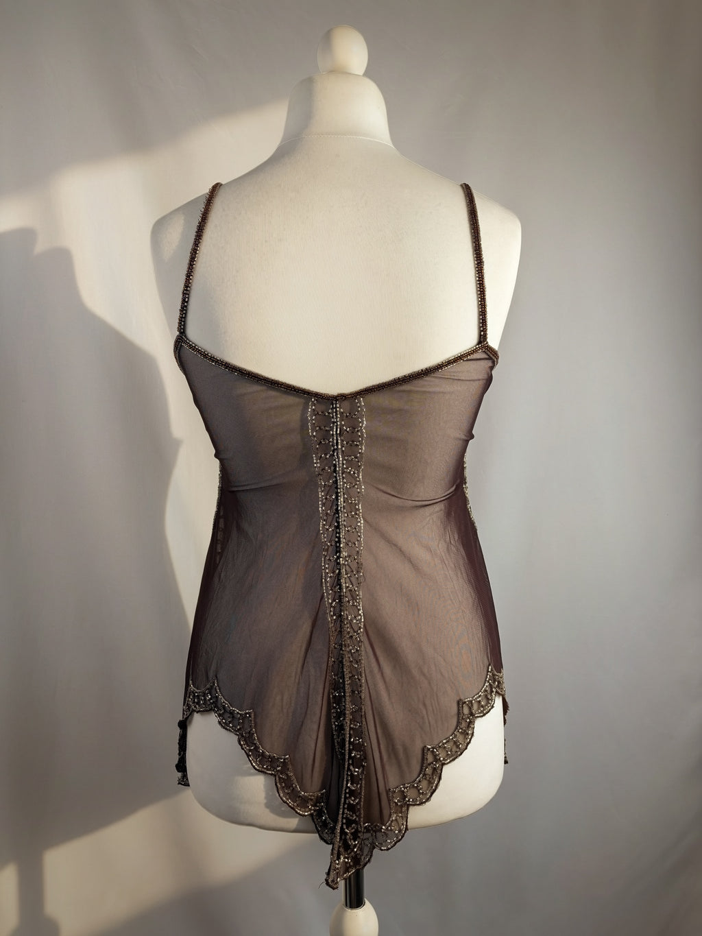 Chocolate brown sheer beaded asymmetric fairy cami