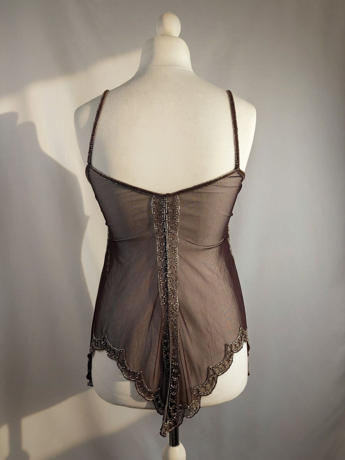 Chocolate brown sheer beaded asymmetric fairy cami