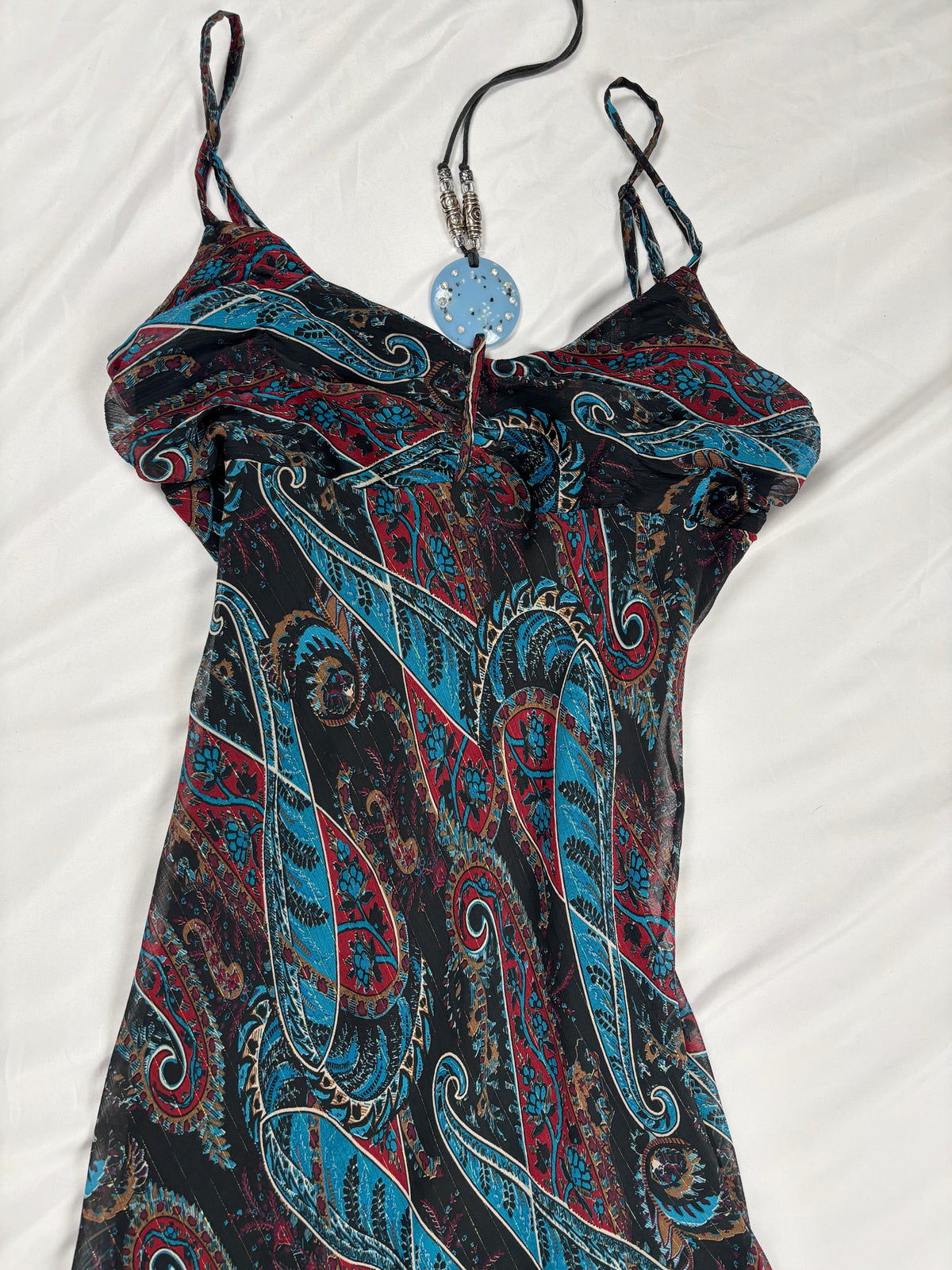 Paisley asymmetric maxi dress with beaded halterneck detail