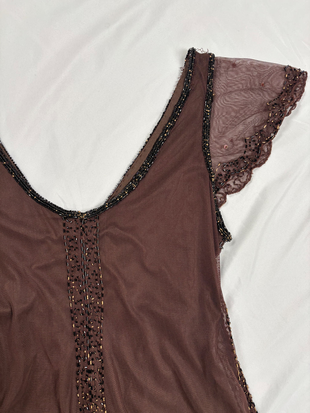 Chocolate brown asymmetrical mesh fairy top with v-neckline
