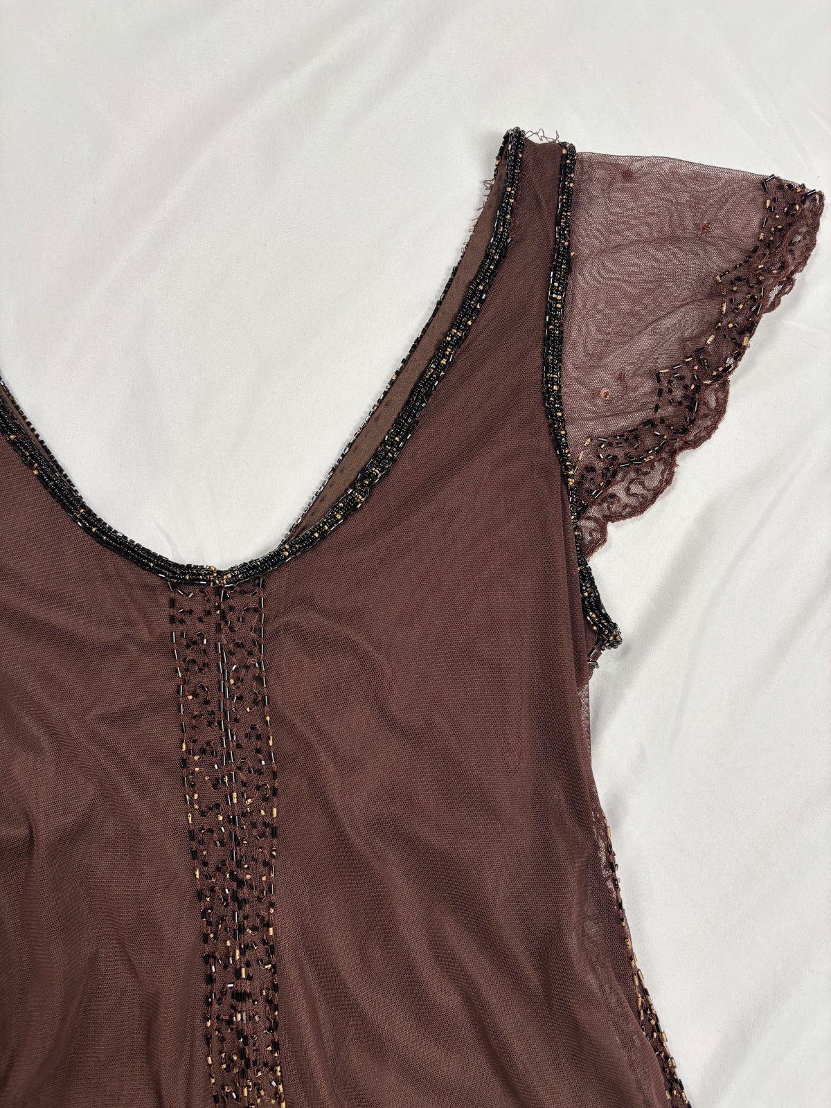 Chocolate brown asymmetrical mesh fairy top with v-neckline