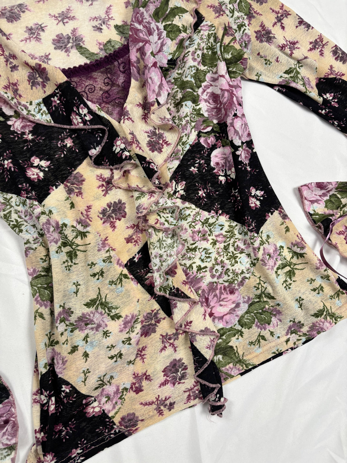 Floral patchwork long sleeve top with bow cuff detail