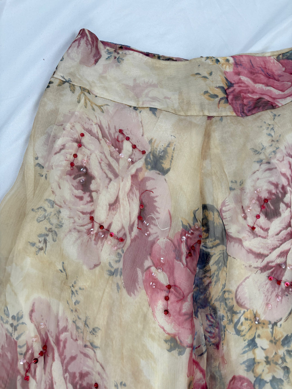 Sheer cream floral midi skirt embellished with sequins