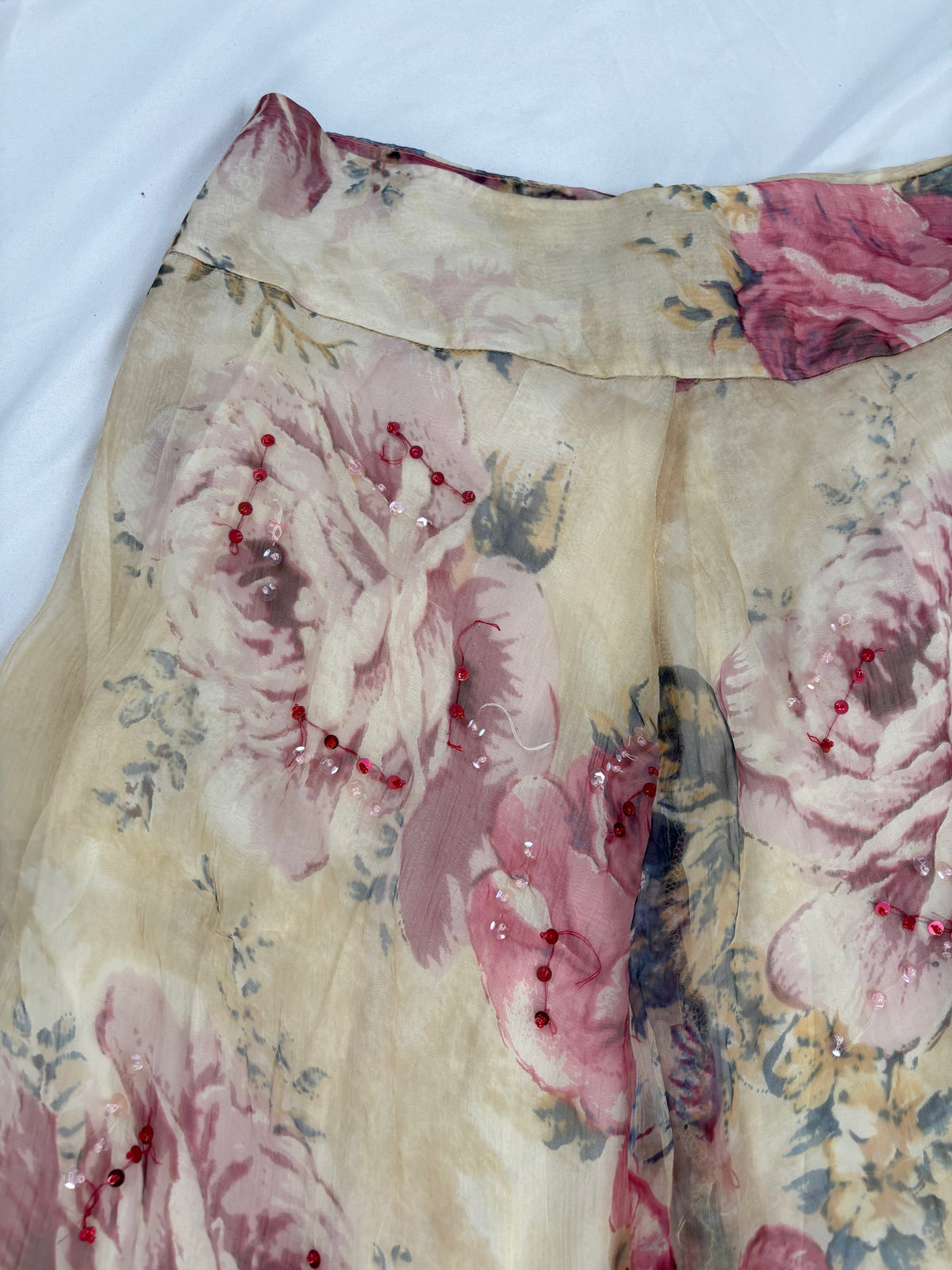 Sheer cream floral midi skirt embellished with sequins