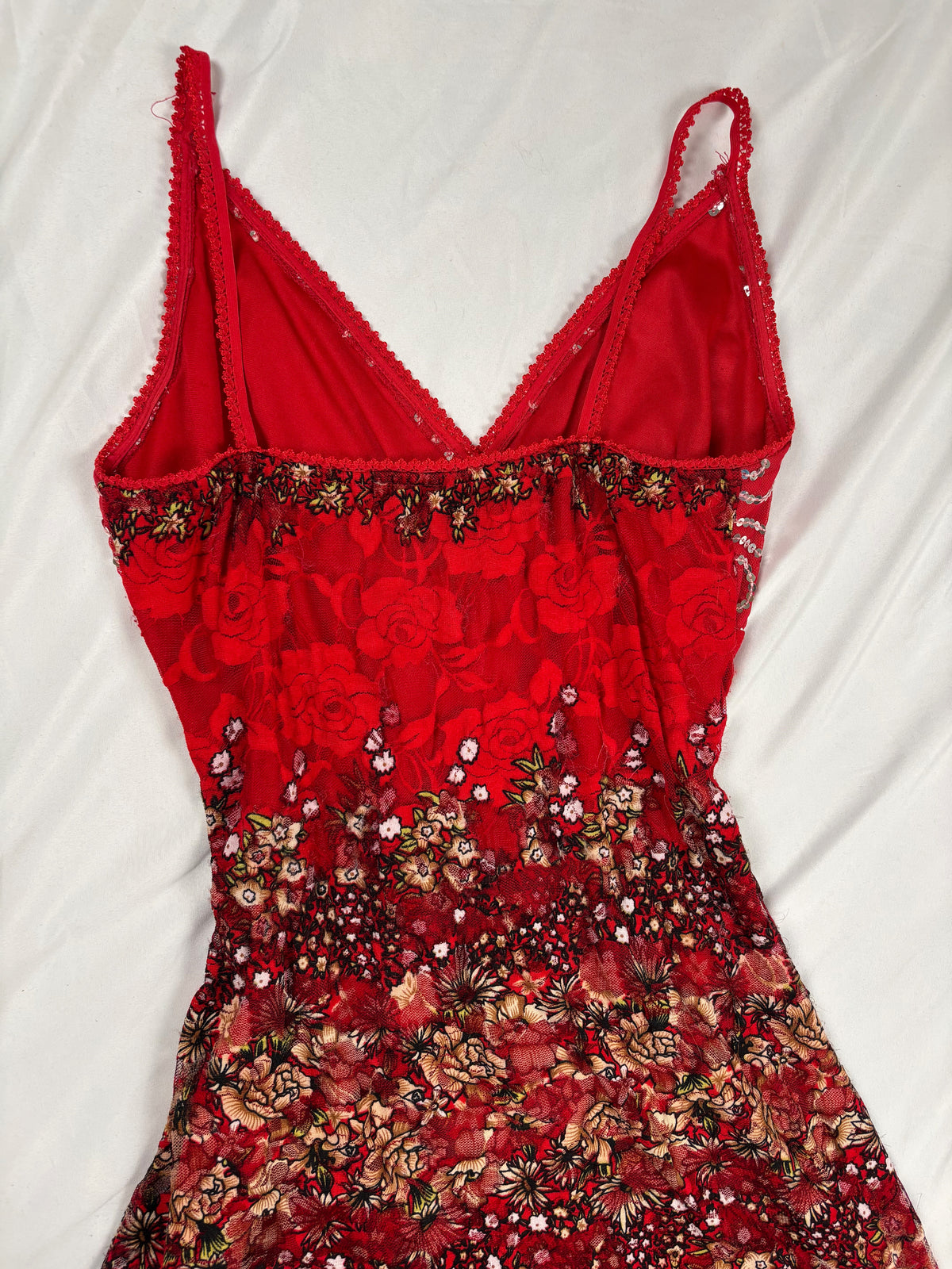 Red lace asymmetric fairy mini dress with sequin details